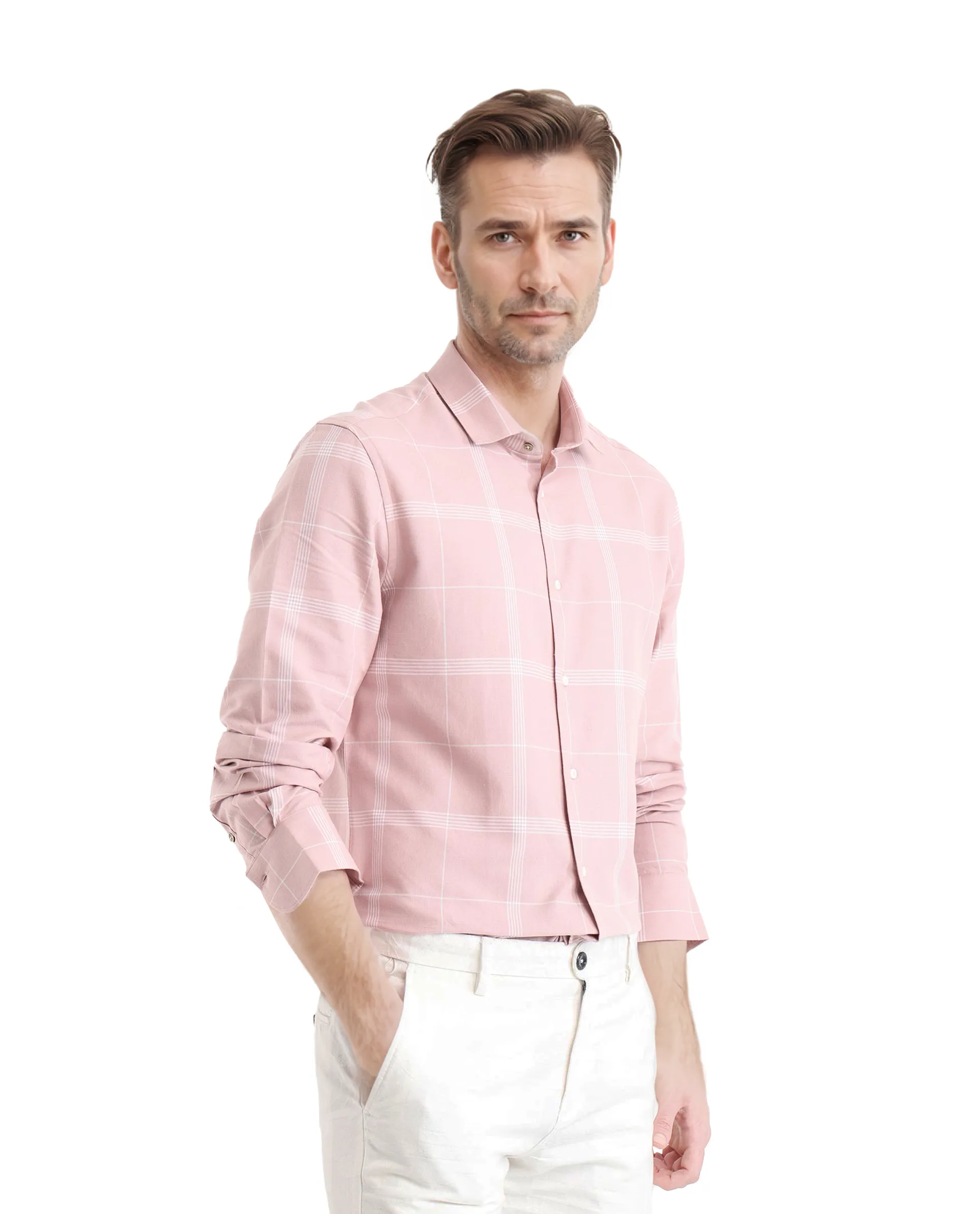 Rare Rabbit Men's Wando Dusky Pink Cotton Checked Print Regular Fit Full Sleeve Collared Shirt - Image 7