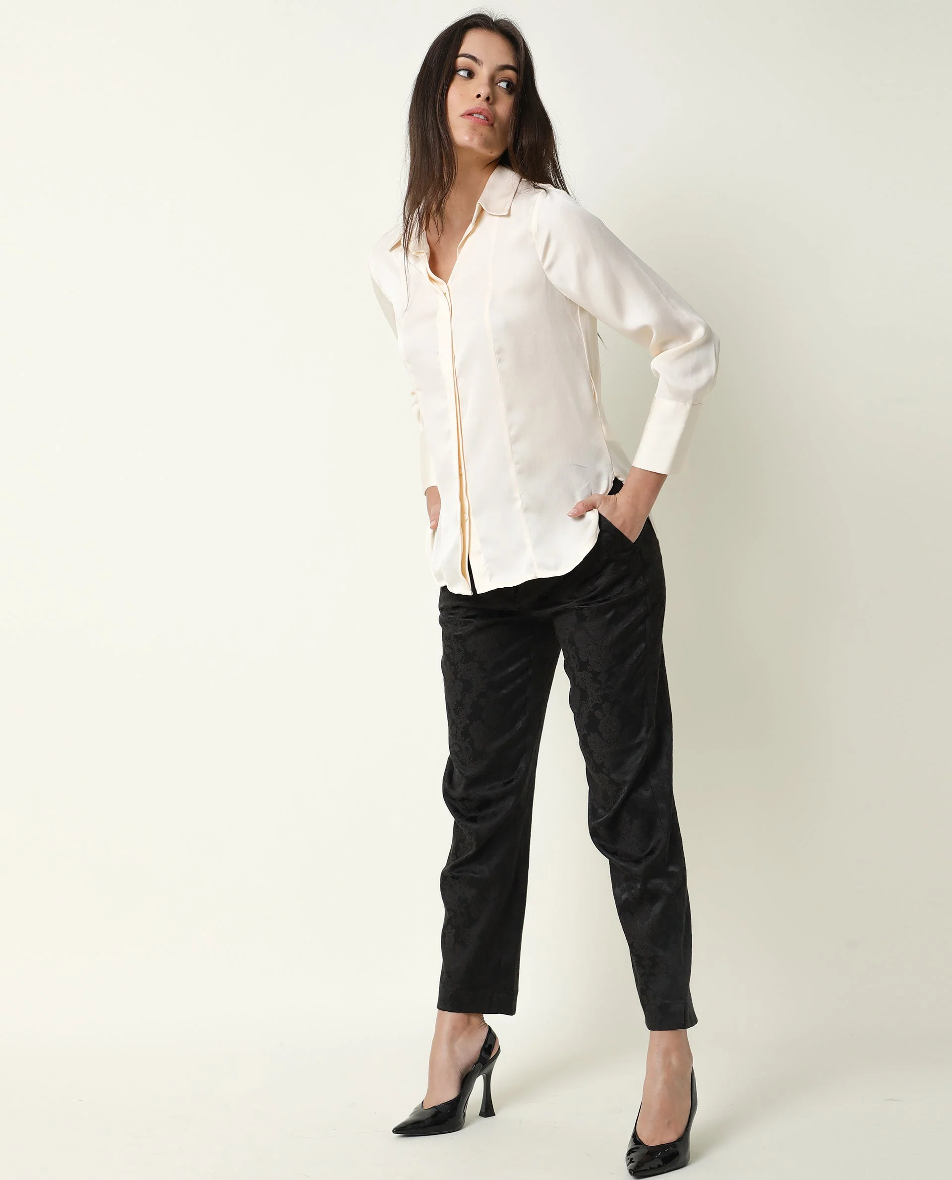 Rareism Women's Wandy White Polyester Spread Collar Plain Cuffed Sleeve Slim Fit Shirt - Image 2