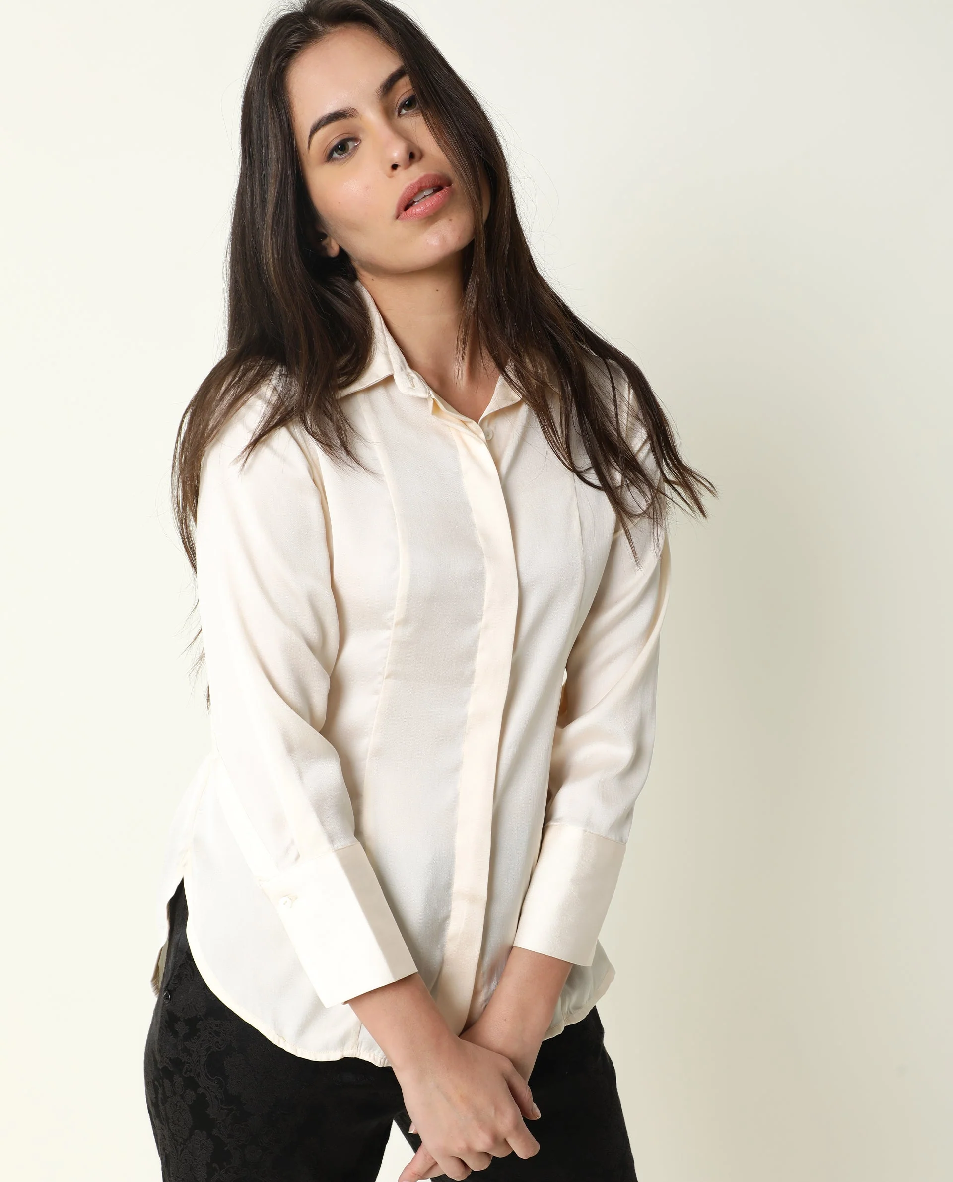 Rareism Women's Wandy White Polyester Spread Collar Plain Cuffed Sleeve Slim Fit Shirt - Image 4