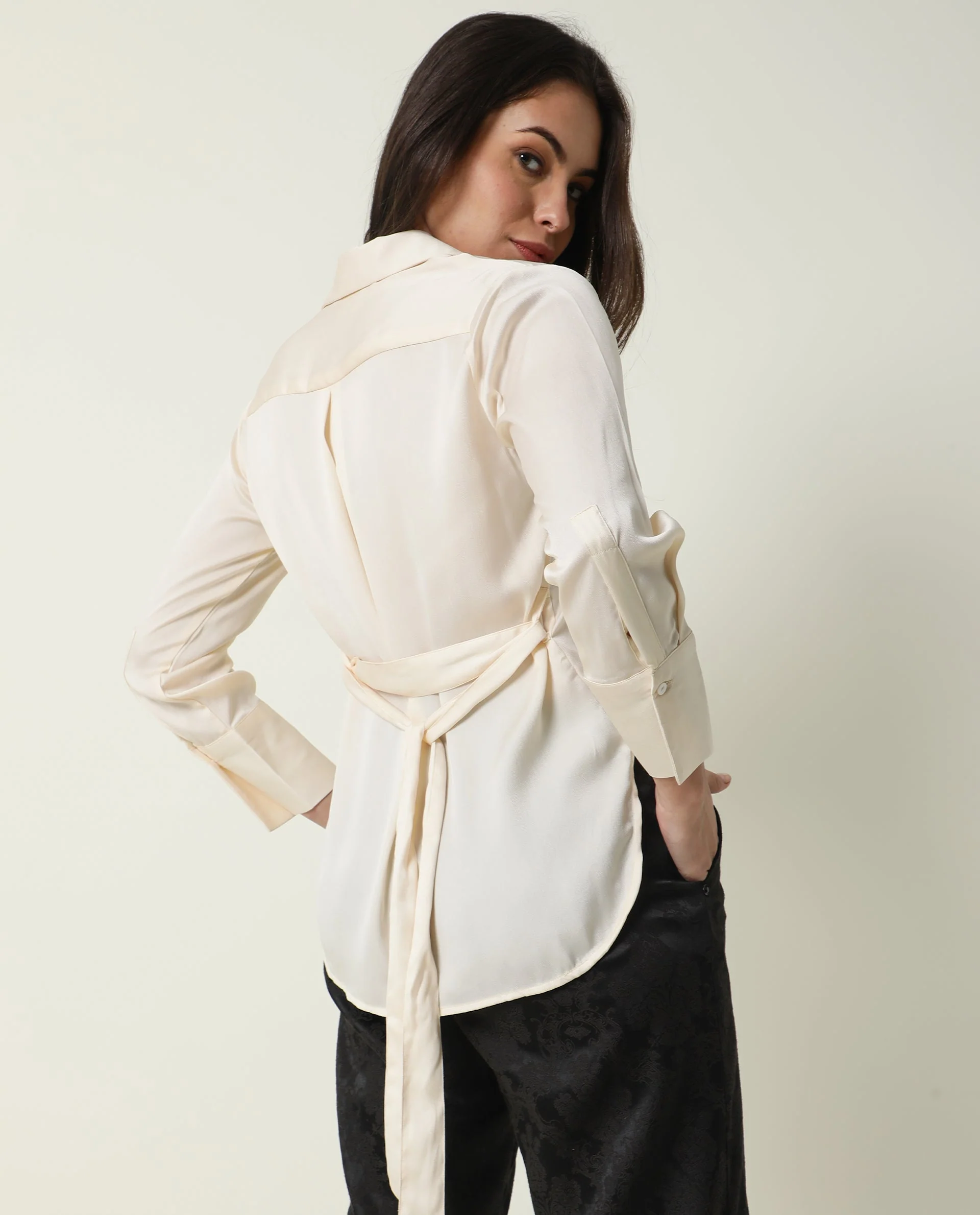 Rareism Women's Wandy White Polyester Spread Collar Plain Cuffed Sleeve Slim Fit Shirt - Image 6