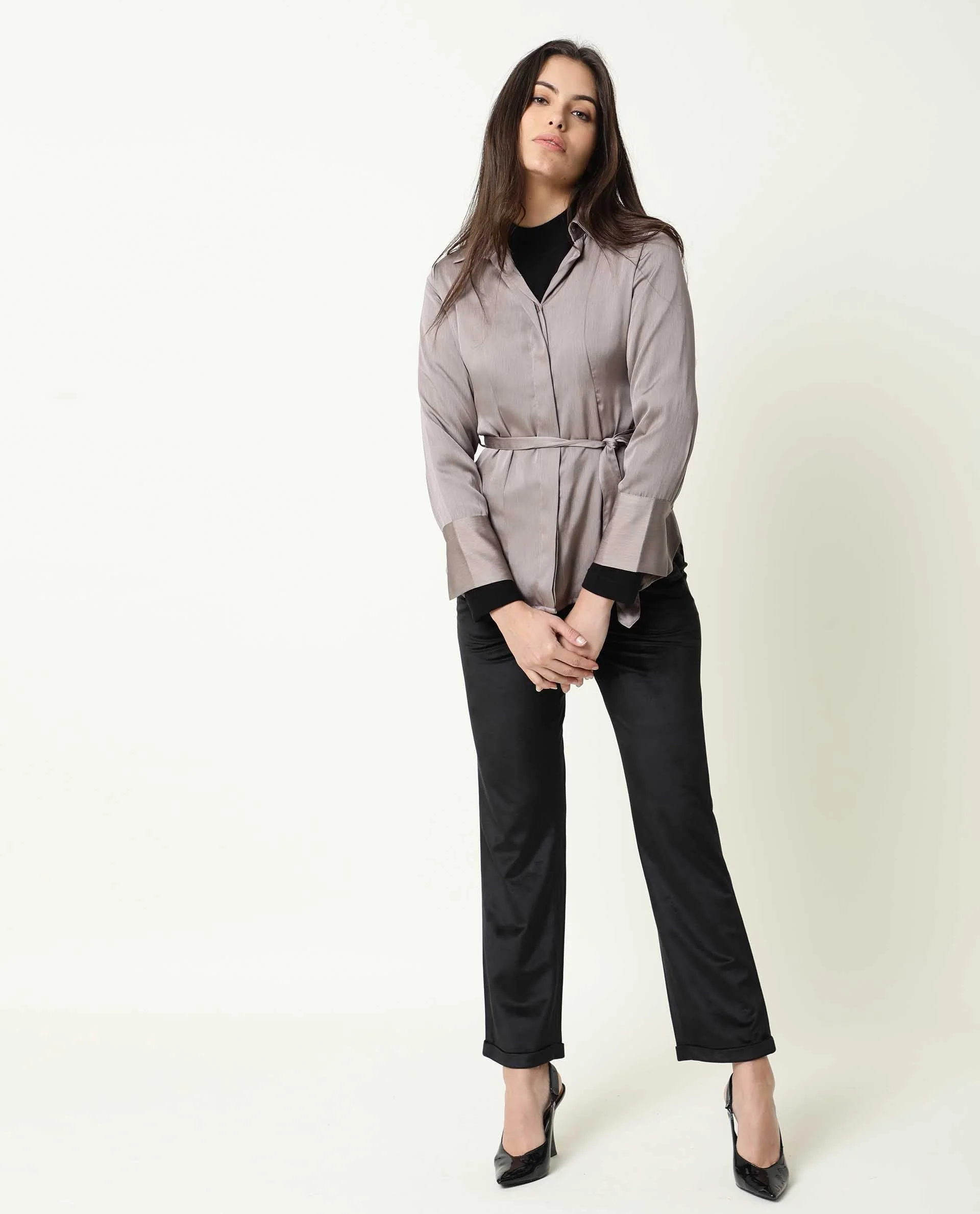 Rareism Womens Wandy Beige Top Polyester Fabric Full Sleeve Collared Neck - Image 2