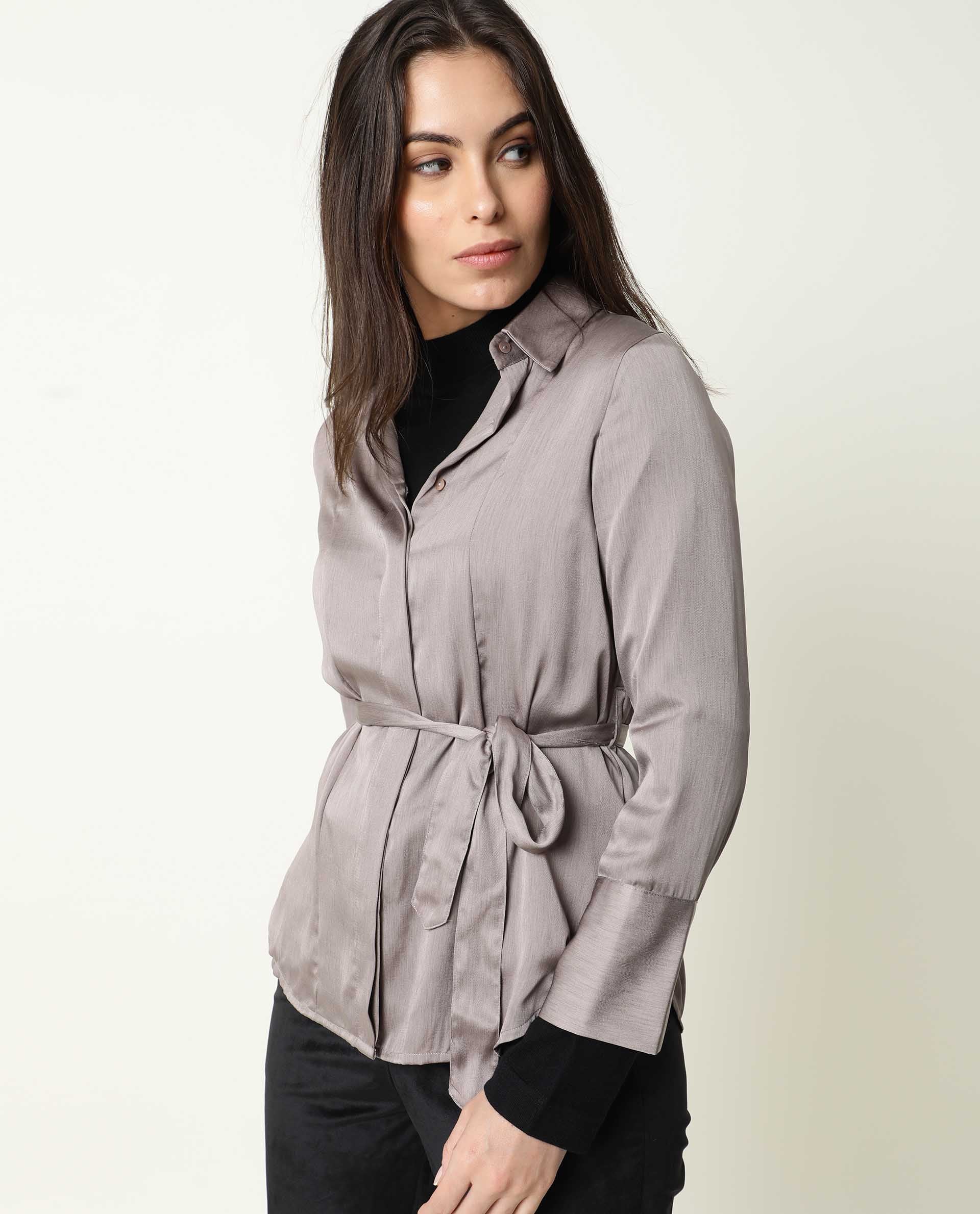 Rareism Womens Wandy Beige Top Polyester Fabric Full Sleeve Collared Neck - Image 4