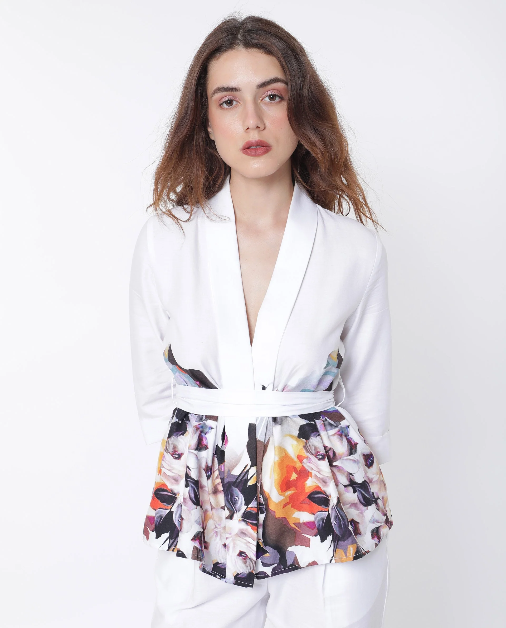 Rareism Women's Wangen White Cotton Collarless Floral Print Relaxed Fit Shrug - Image 12