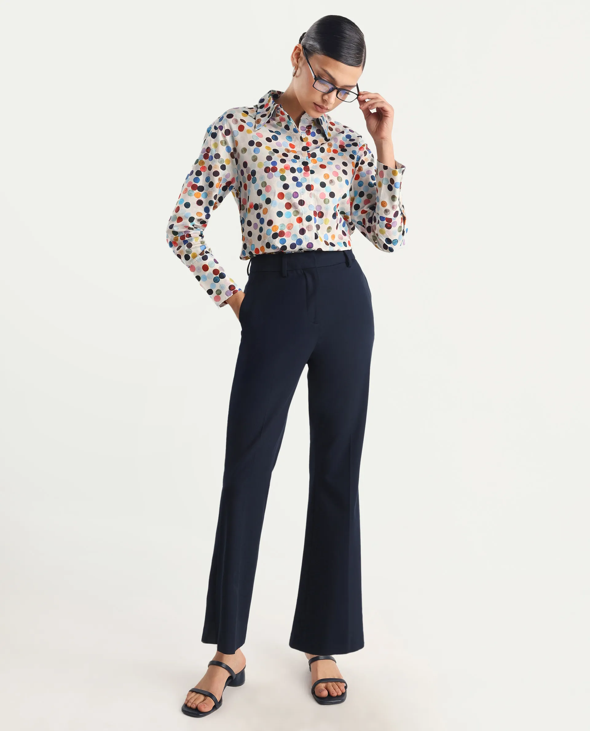 Rareism Women's Wanice Light Mullti Cotton Blend Drop Collar Polka Print Cuffed Sleeve Regular Fit Top - Image 2