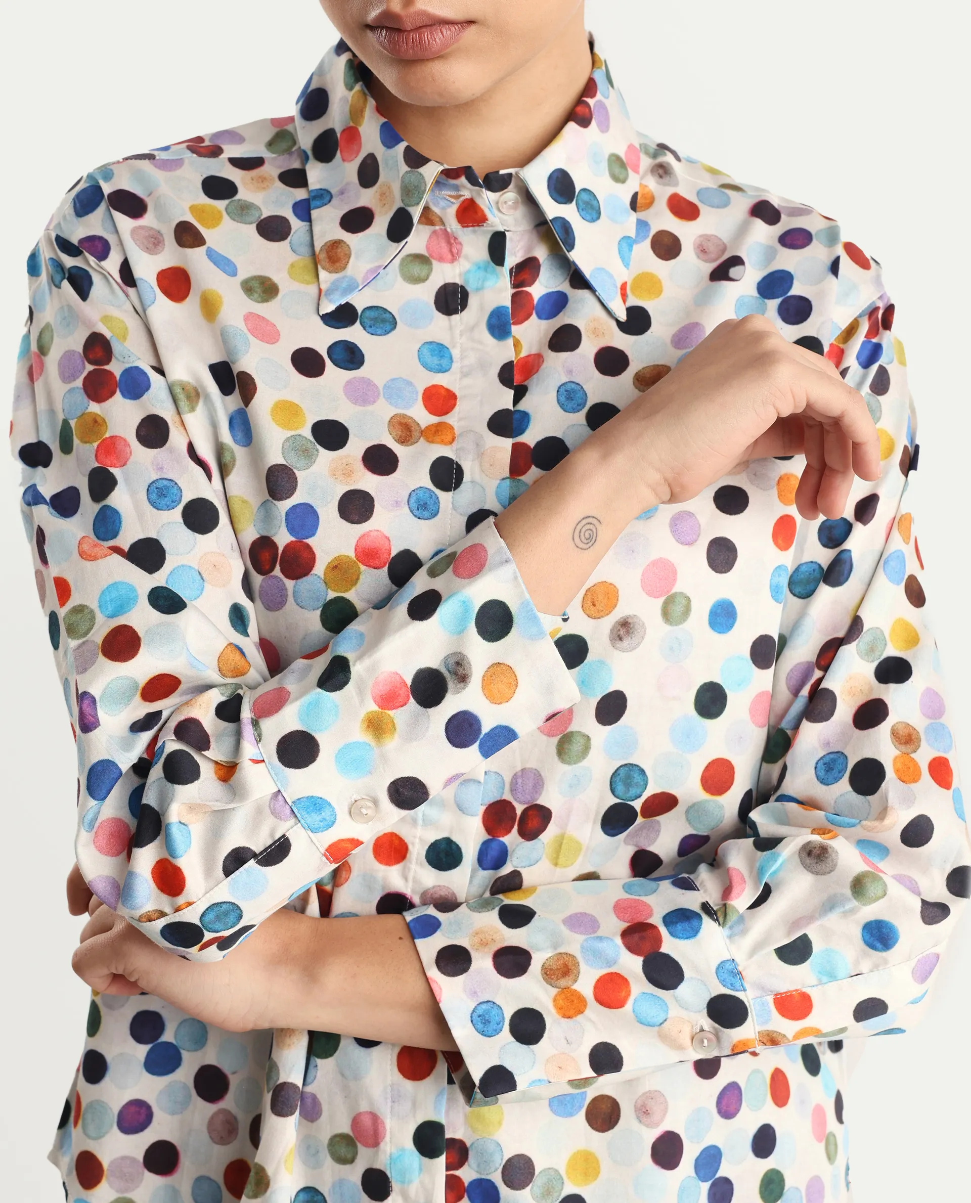 Rareism Women's Wanice Light Mullti Cotton Blend Drop Collar Polka Print Cuffed Sleeve Regular Fit Top - Image 3