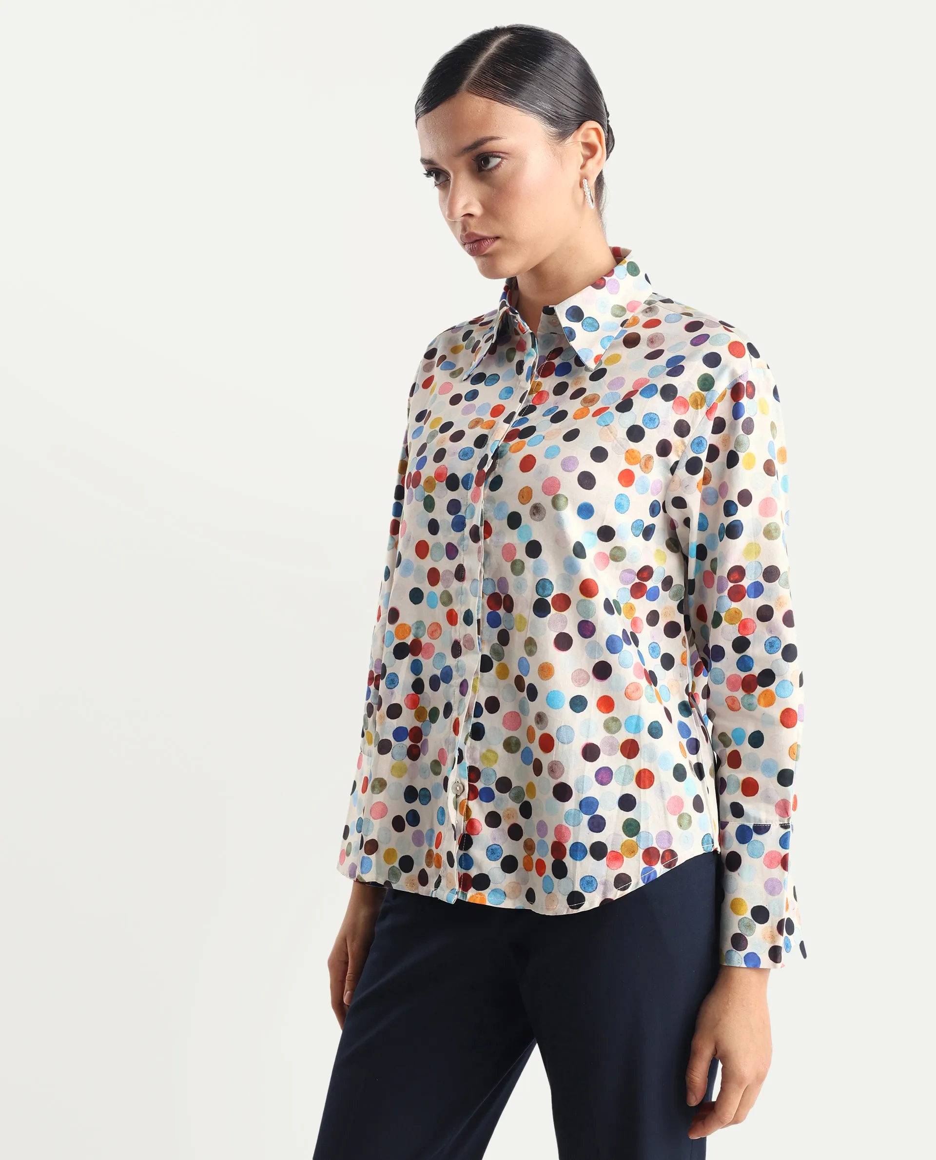 Rareism Women's Wanice Light Mullti Cotton Blend Drop Collar Polka Print Cuffed Sleeve Regular Fit Top - Image 4