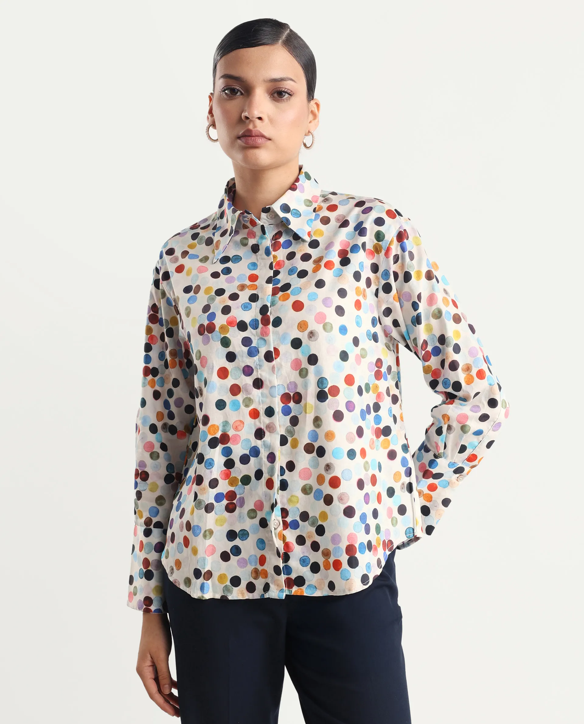 Rareism Women's Wanice Light Mullti Cotton Blend Drop Collar Polka Print Cuffed Sleeve Regular Fit Top - Image 5