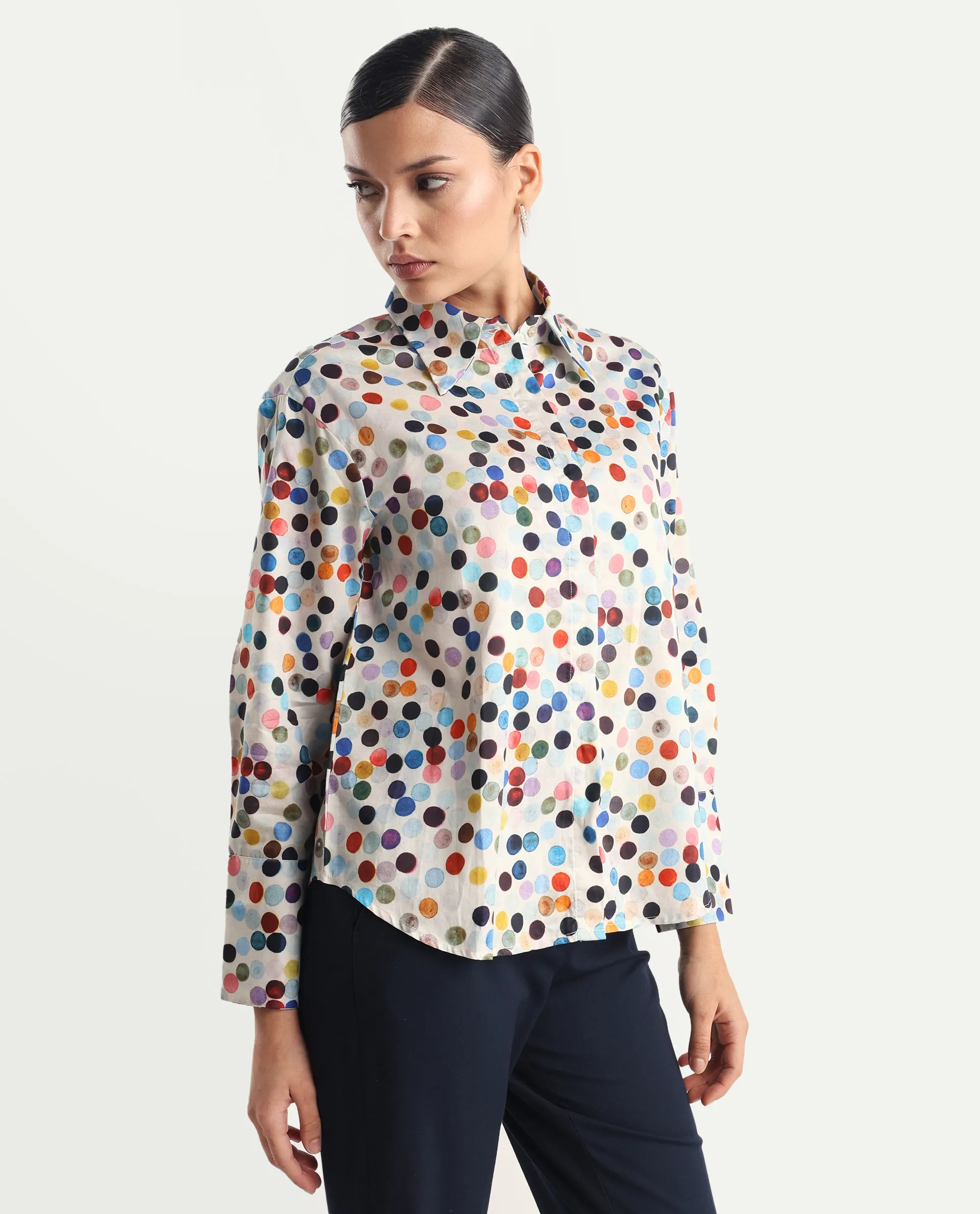 Rareism Women's Wanice Light Mullti Cotton Blend Drop Collar Polka Print Cuffed Sleeve Regular Fit Top - Image 6