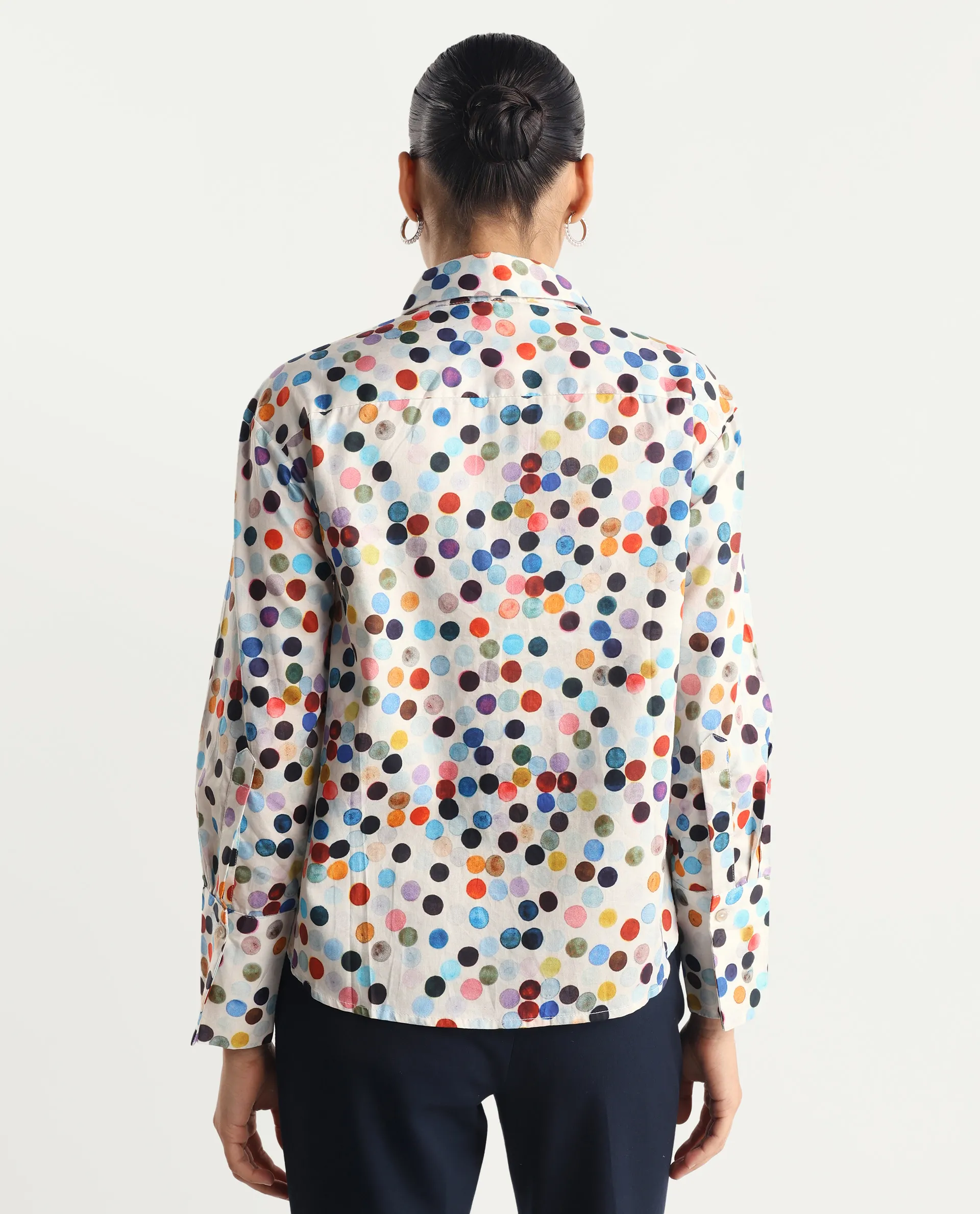 Rareism Women's Wanice Light Mullti Cotton Blend Drop Collar Polka Print Cuffed Sleeve Regular Fit Top - Image 7