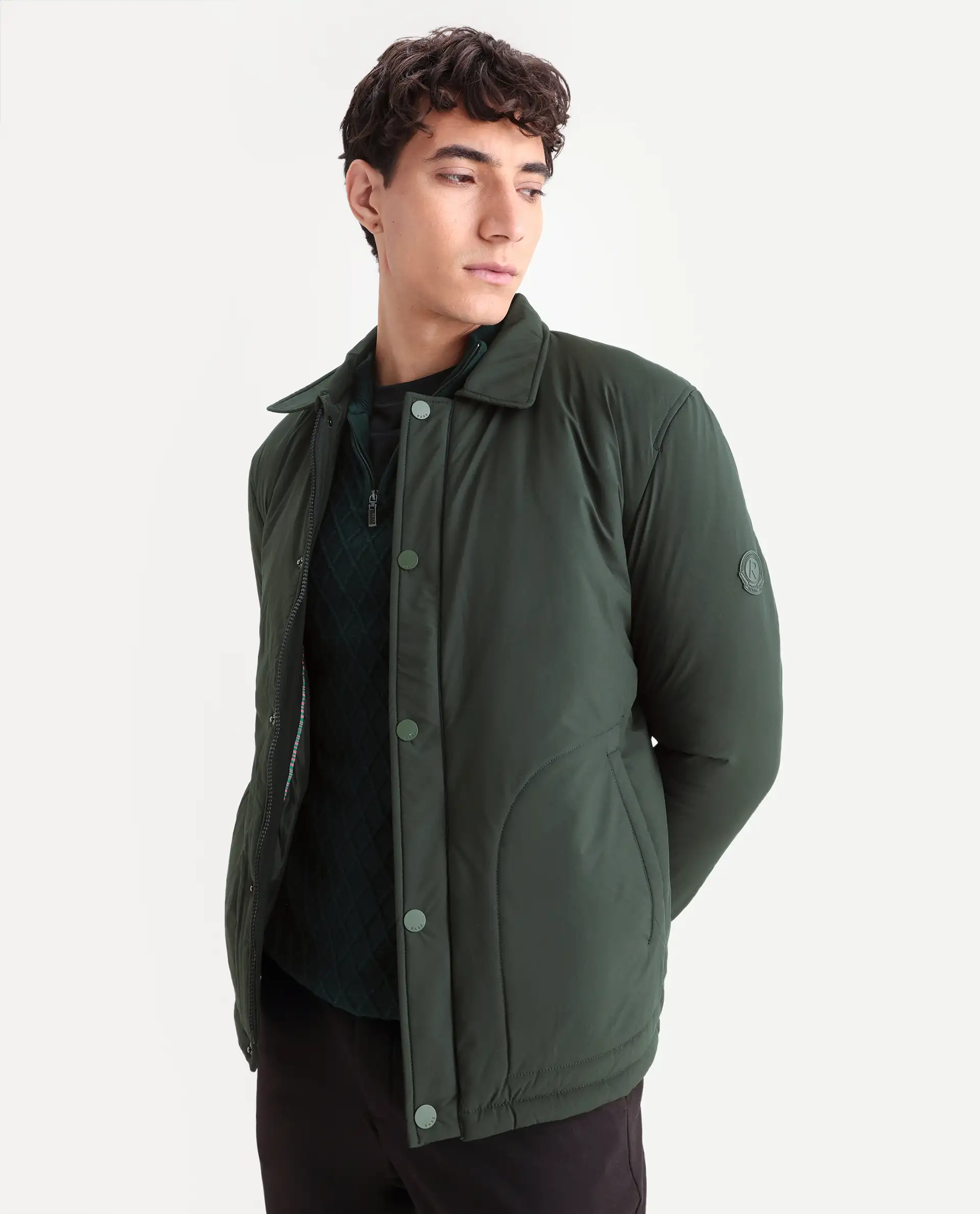 Rare Rabbit Men's Wanza Dark Olive Polyester Plain Relaxed Fit Full Sleeve Spread Collar Jacket