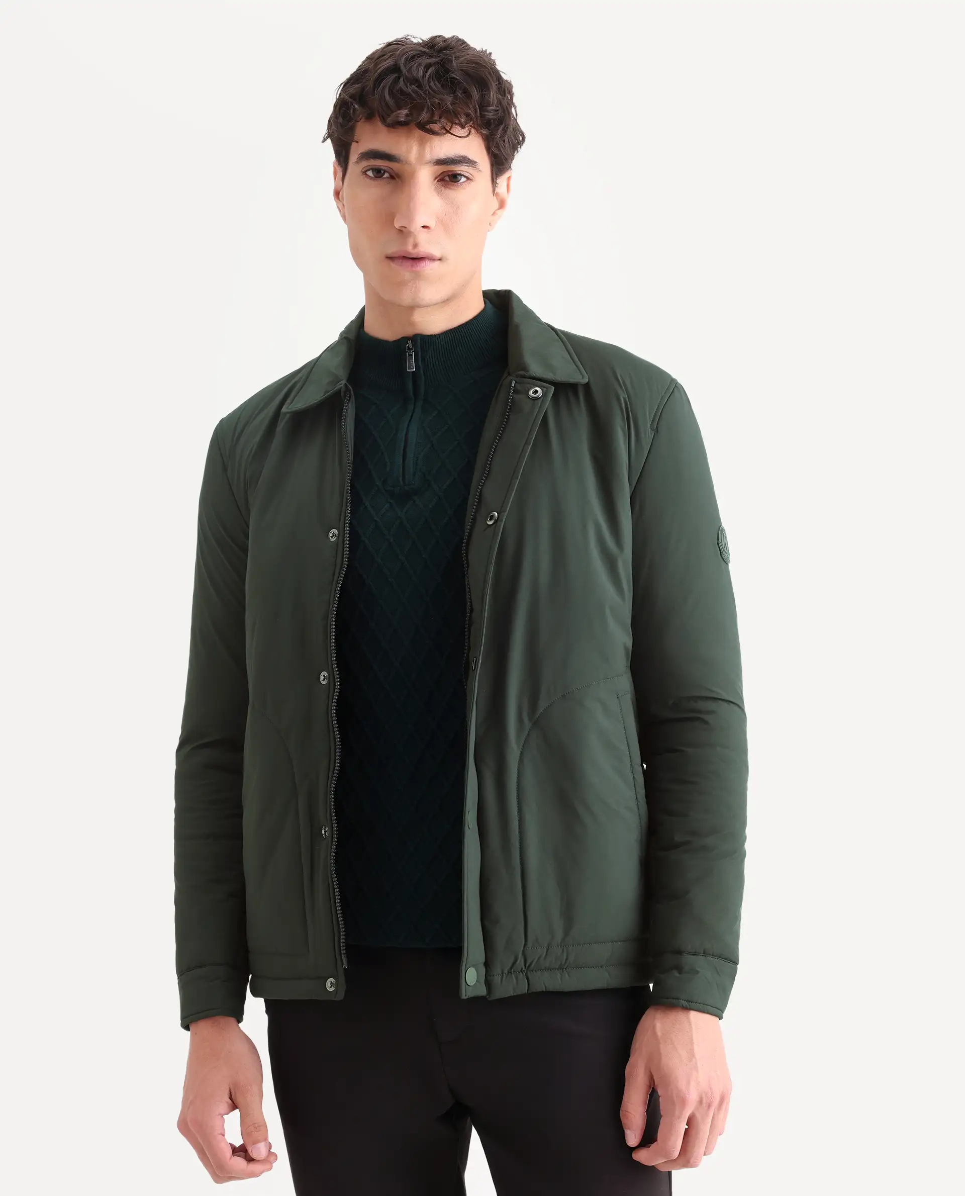 Rare Rabbit Men's Wanza Dark Olive Polyester Plain Relaxed Fit Full Sleeve Spread Collar Jacket - Image 3