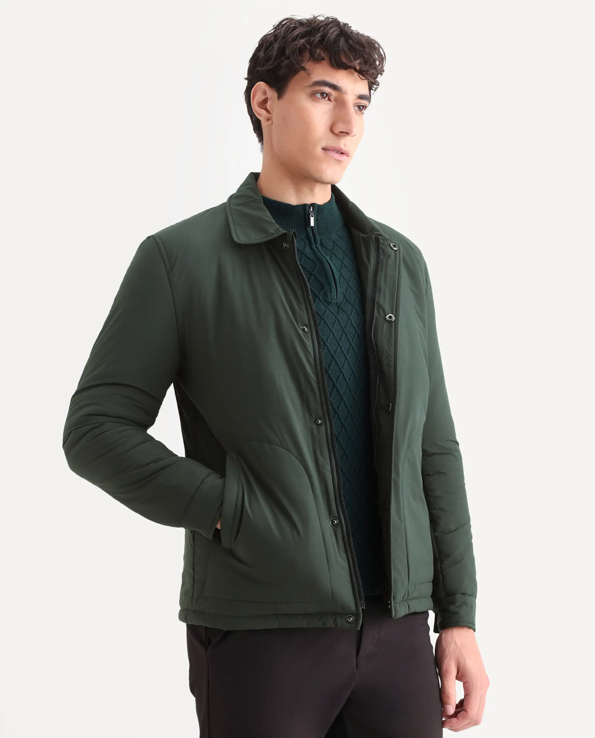 Rare Rabbit Men's Wanza Dark Olive Polyester Plain Relaxed Fit Full Sleeve Spread Collar Jacket - Image 7