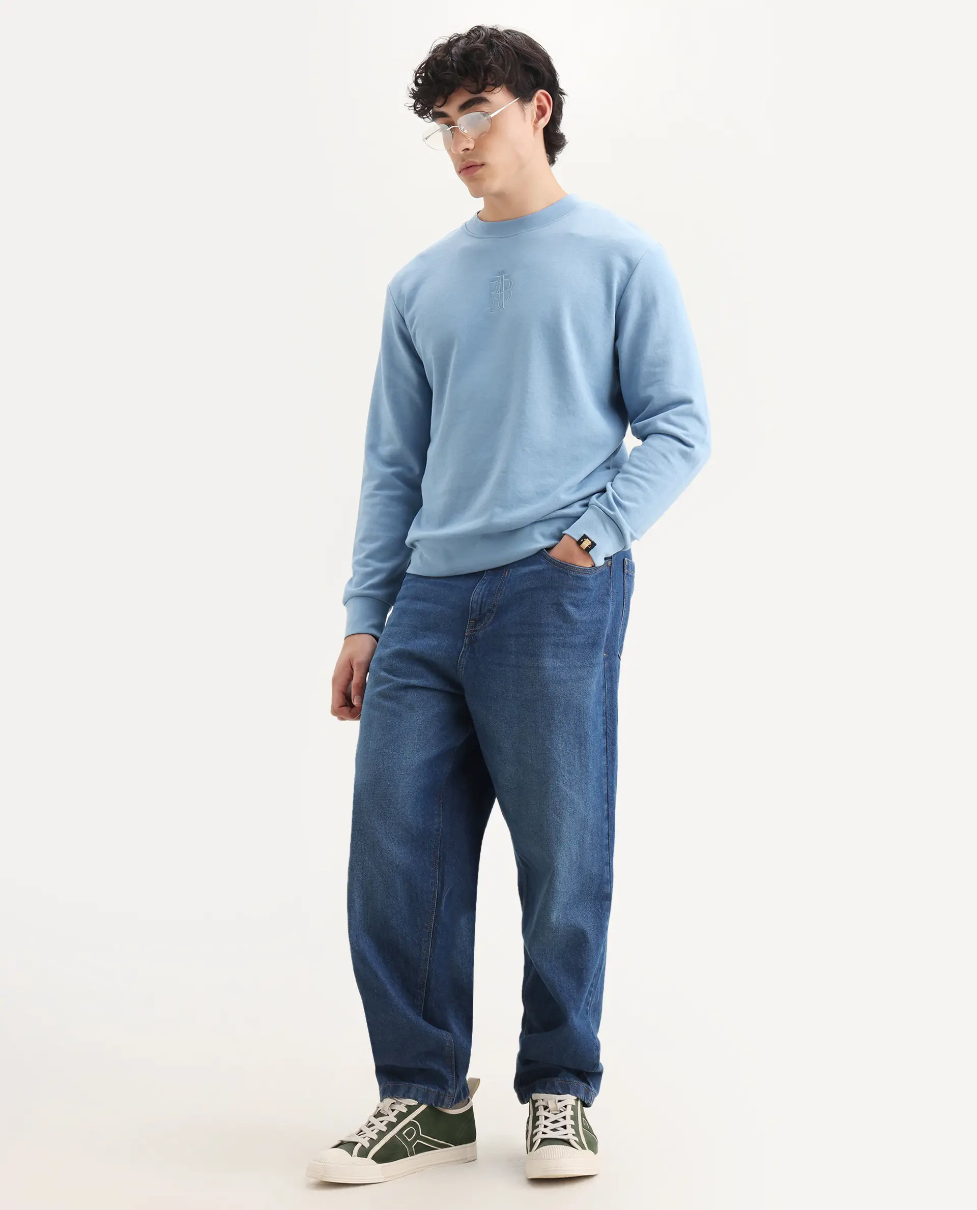 Rare Rabbit Men's Wares Blue Lurex Embroidered Regular Fit Full Sleeve Crew Neck Sweatshirt - Image 2