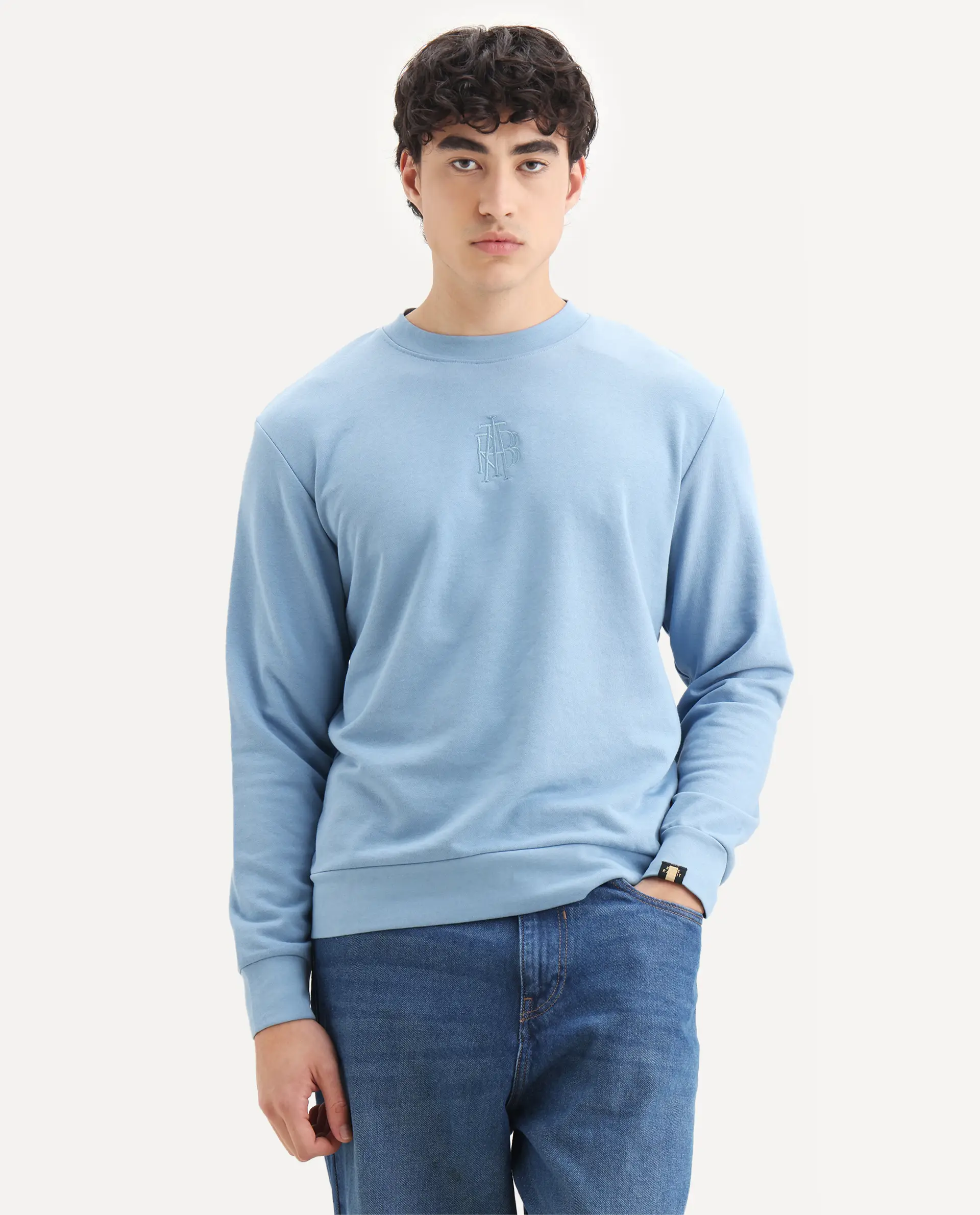 Rare Rabbit Men's Wares Blue Lurex Embroidered Regular Fit Full Sleeve Crew Neck Sweatshirt - Image 4