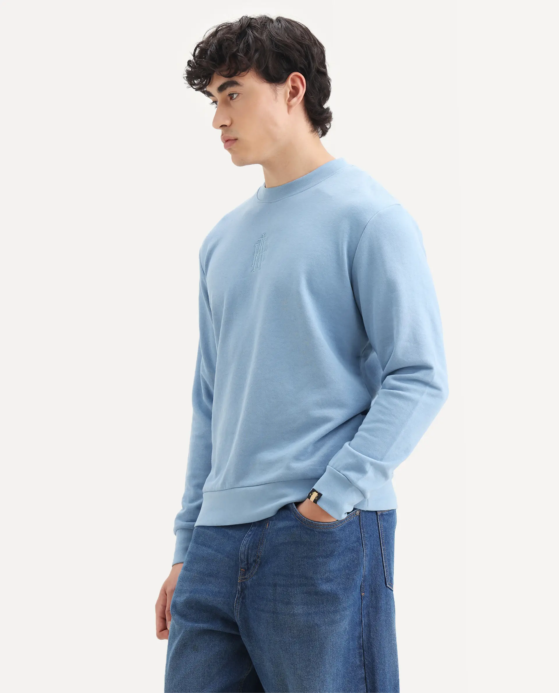 Rare Rabbit Men's Wares Blue Lurex Embroidered Regular Fit Full Sleeve Crew Neck Sweatshirt - Image 5