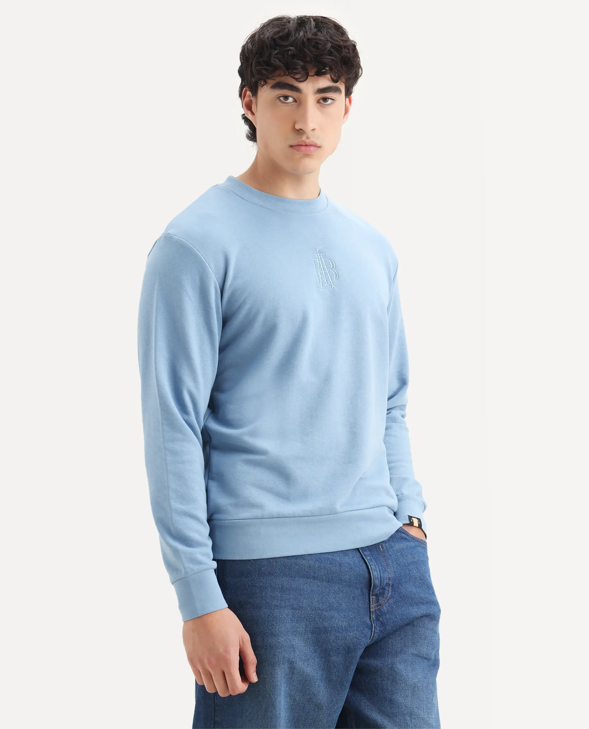 Rare Rabbit Men's Wares Blue Lurex Embroidered Regular Fit Full Sleeve Crew Neck Sweatshirt - Image 6