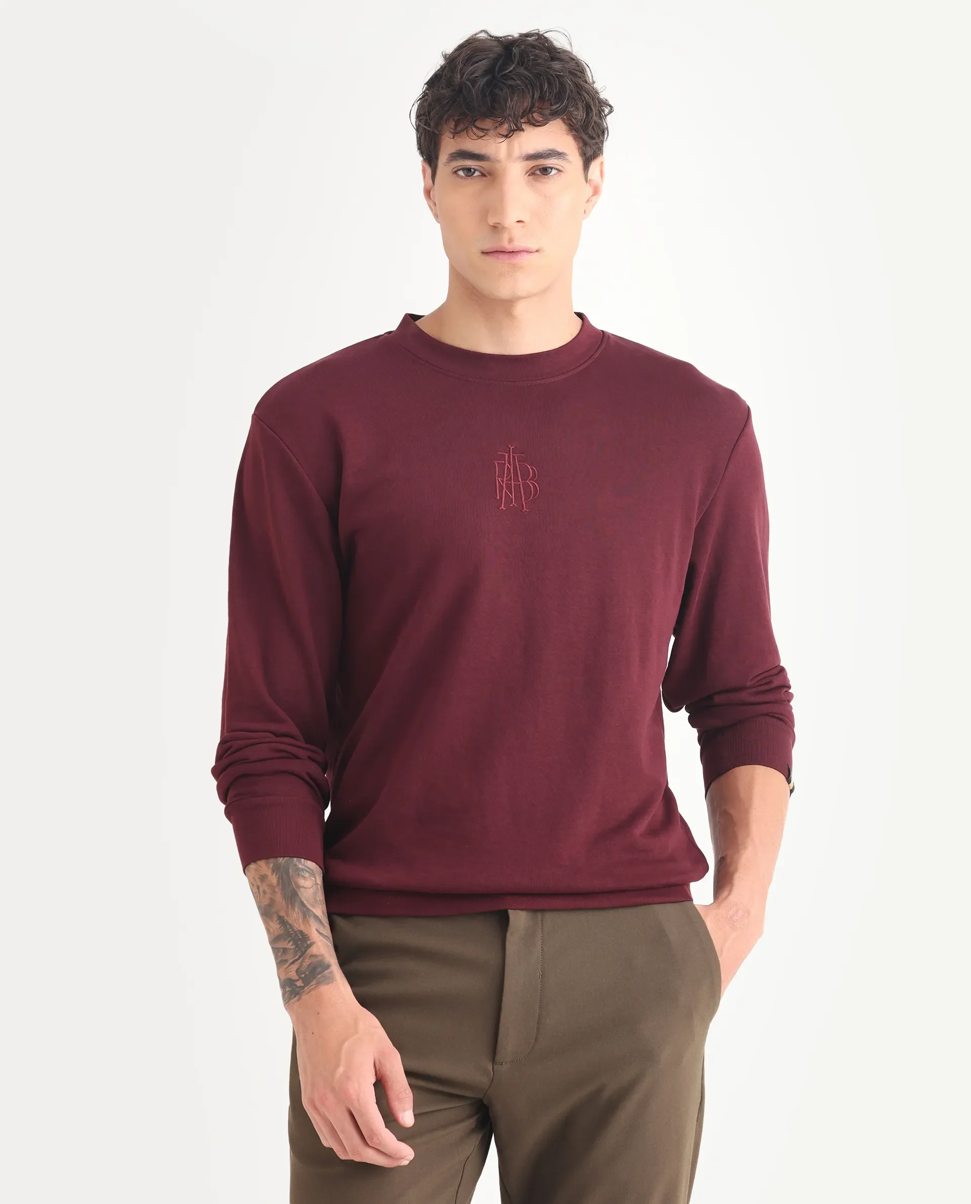 Rare Rabbit Men's Wares Maroon Lurex Embroidered Regular Fit Full Sleeve Crew Neck Sweatshirt - Image 3