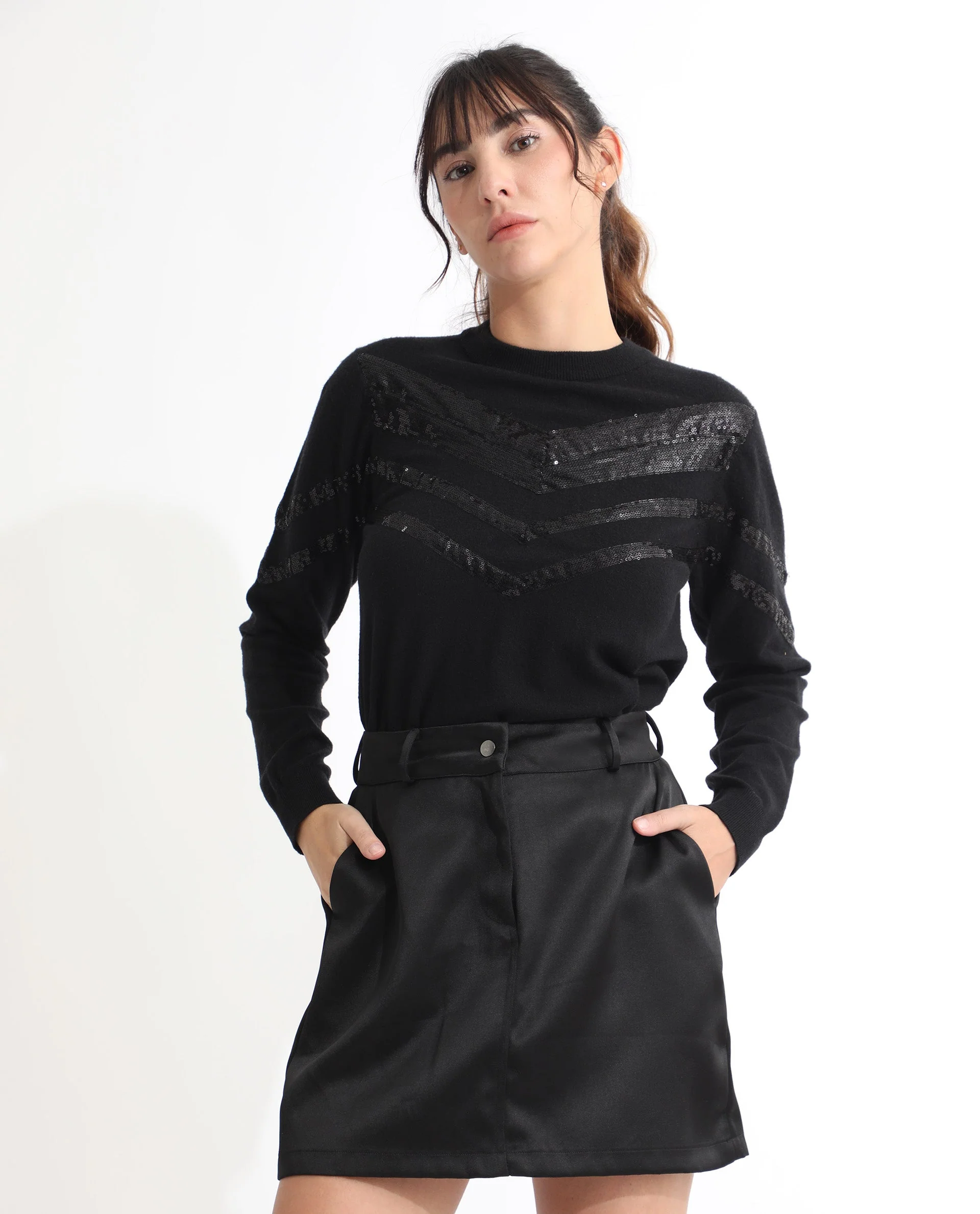 Rareism Women's Warher Black Polyester Plain Mini Regular Fit Skirt - Image 3