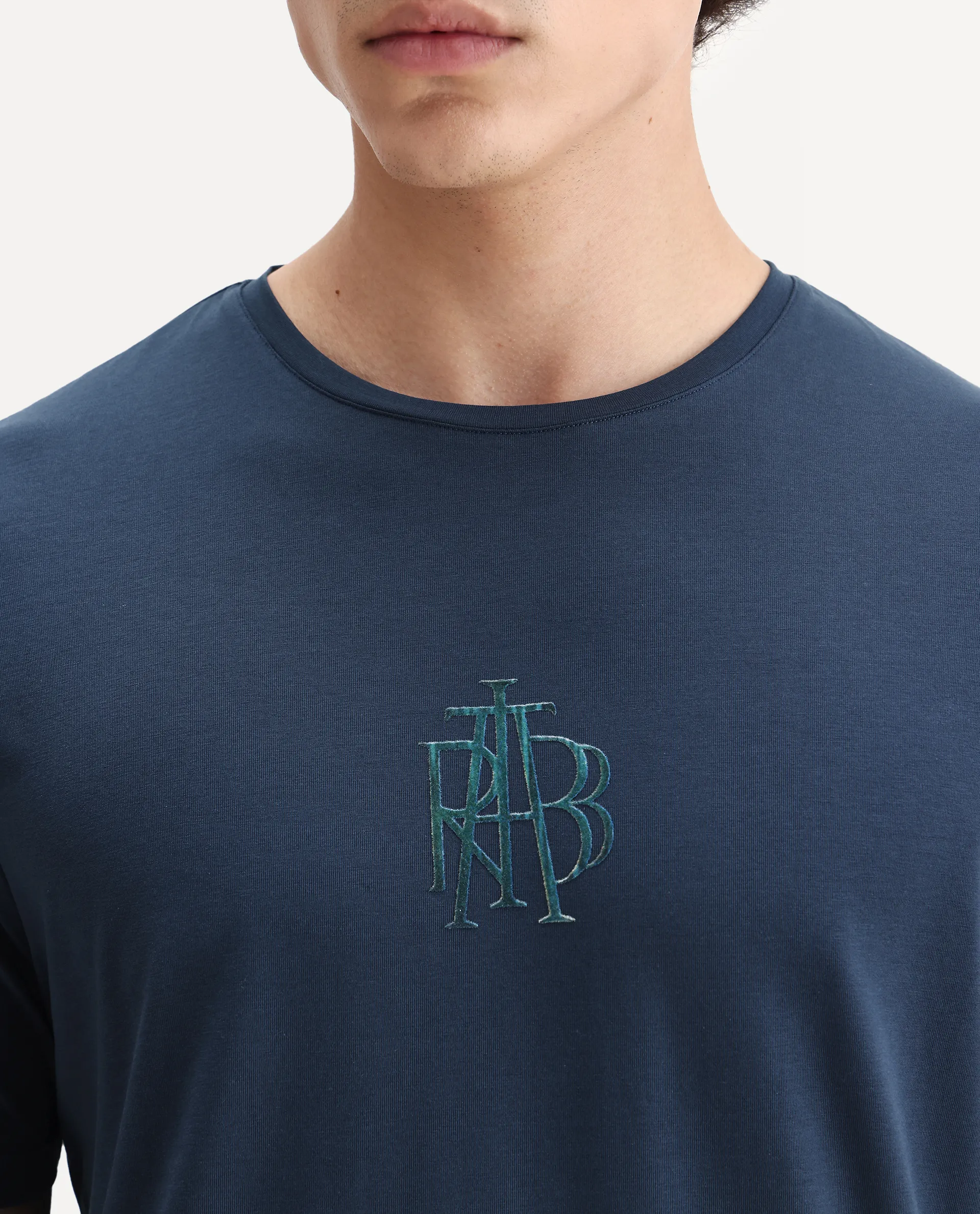 Rare Rabbit Men's Waro Dark Blue Cotton Blend Graphic Print Regular Fit Half Sleeve Crew Neck T-Shirt - Image 3
