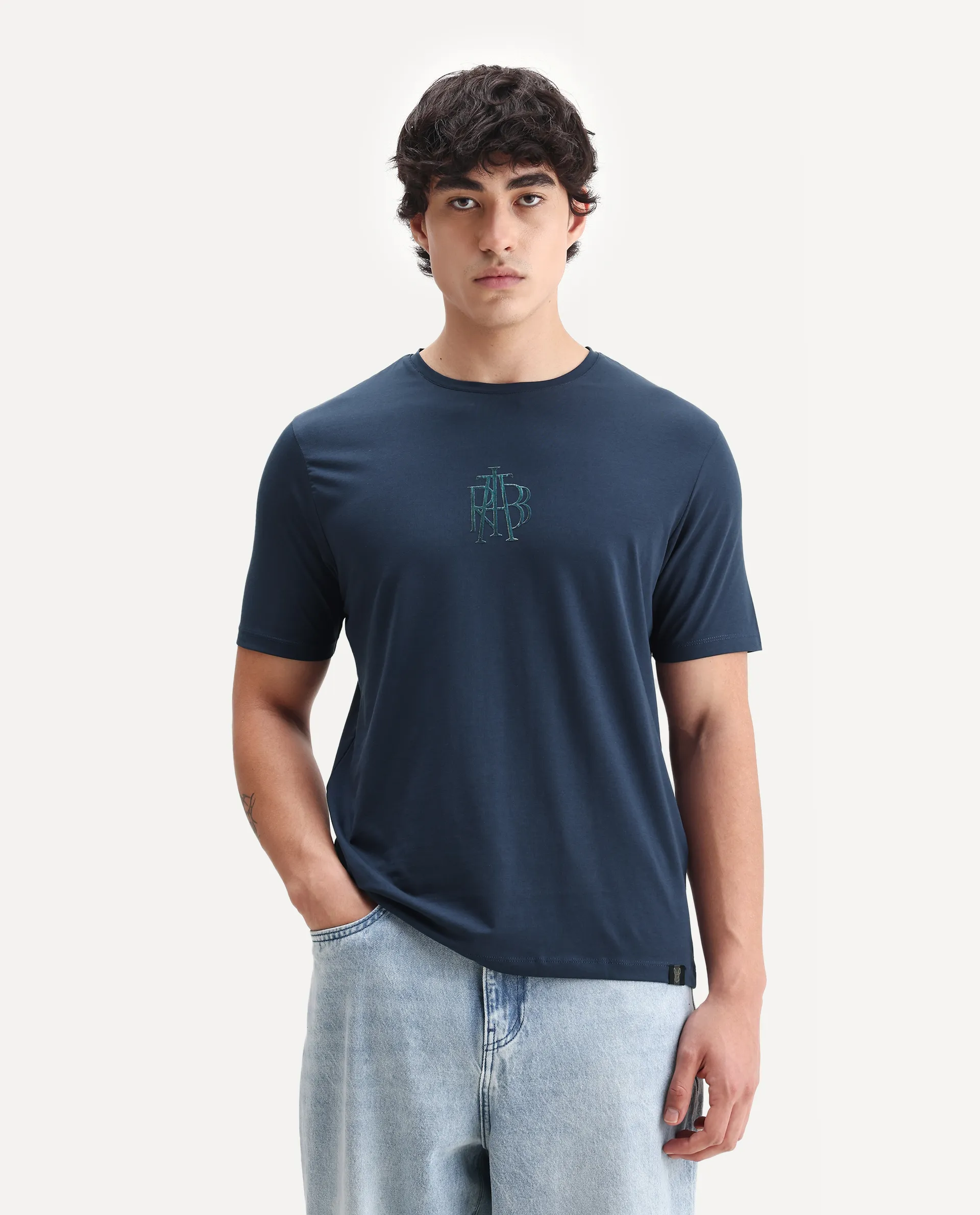 Rare Rabbit Men's Waro Dark Blue Cotton Blend Graphic Print Regular Fit Half Sleeve Crew Neck T-Shirt - Image 4