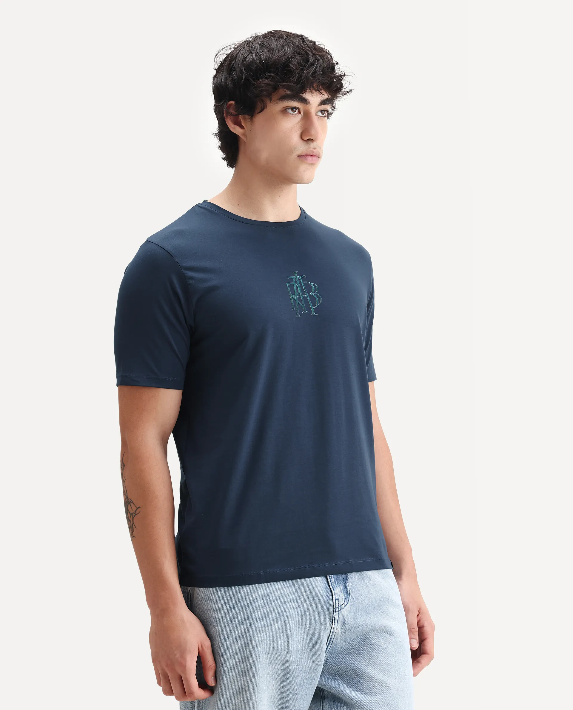 Rare Rabbit Men's Waro Dark Blue Cotton Blend Graphic Print Regular Fit Half Sleeve Crew Neck T-Shirt - Image 5