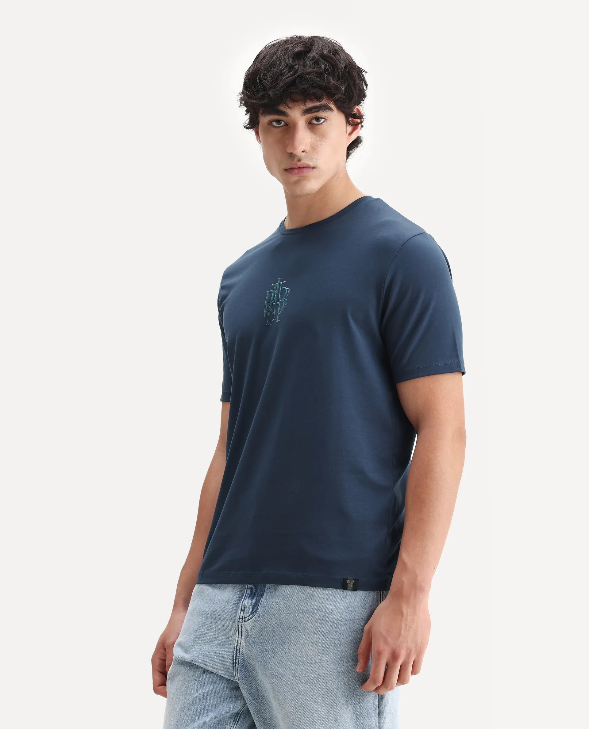 Rare Rabbit Men's Waro Dark Blue Cotton Blend Graphic Print Regular Fit Half Sleeve Crew Neck T-Shirt - Image 6