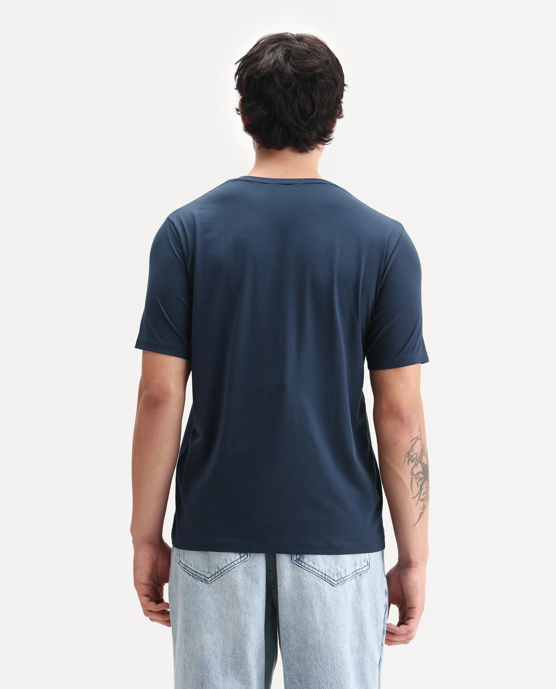 Rare Rabbit Men's Waro Dark Blue Cotton Blend Graphic Print Regular Fit Half Sleeve Crew Neck T-Shirt - Image 7