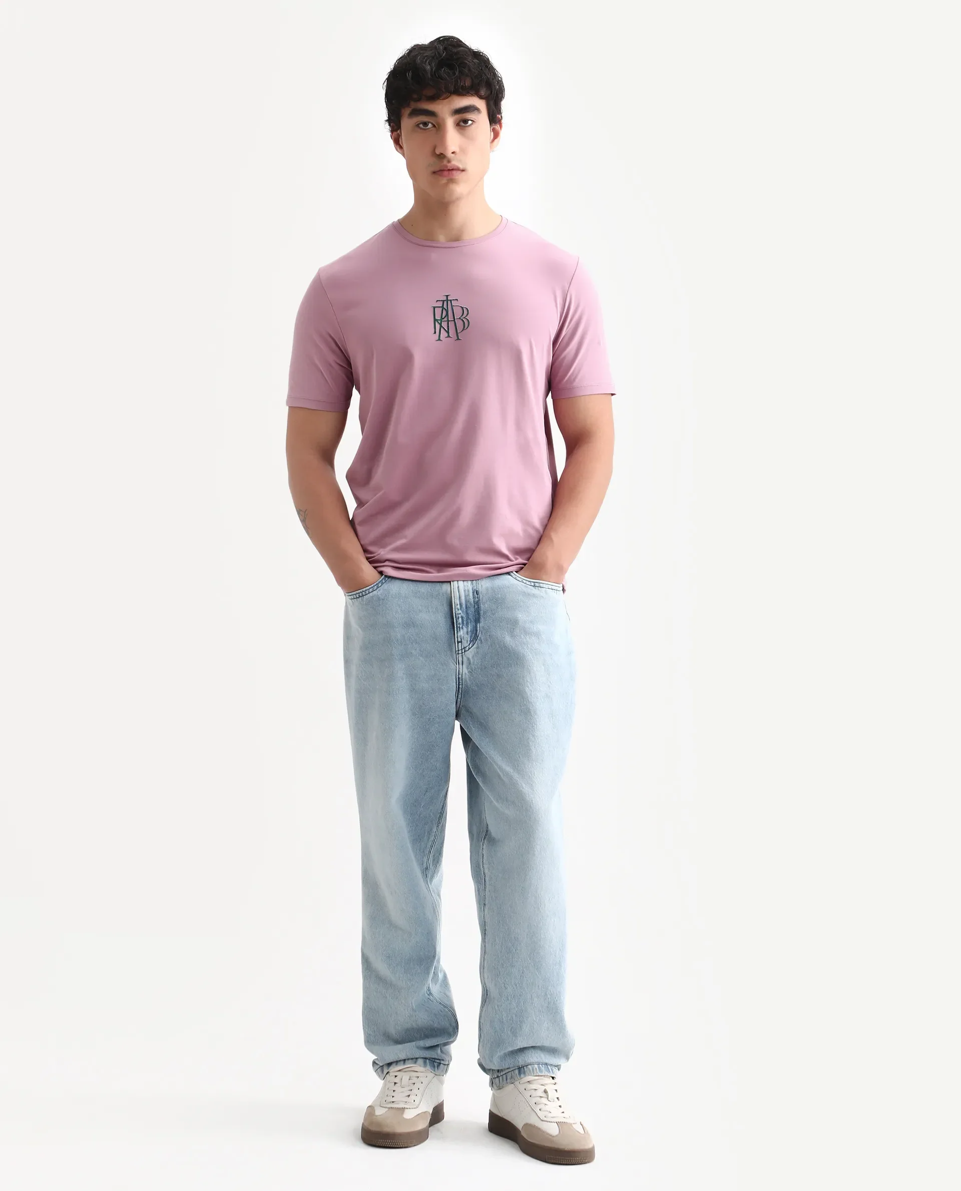 Rare Rabbit Men's Waro Dusky Pink Cotton Blend Graphic Print Regular Fit Half Sleeve Crew Neck T-Shirt - Image 2