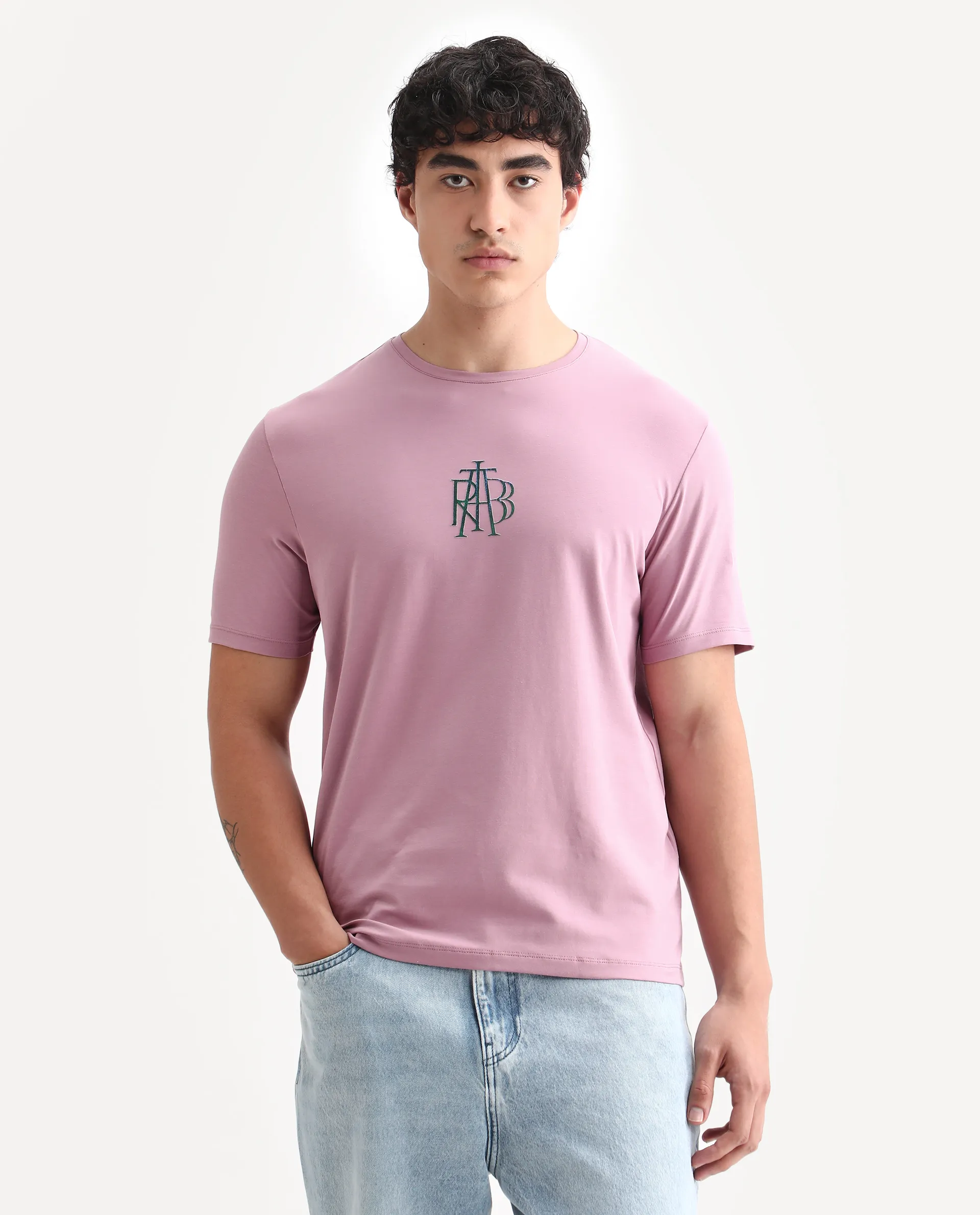 Rare Rabbit Men's Waro Dusky Pink Cotton Blend Graphic Print Regular Fit Half Sleeve Crew Neck T-Shirt - Image 3