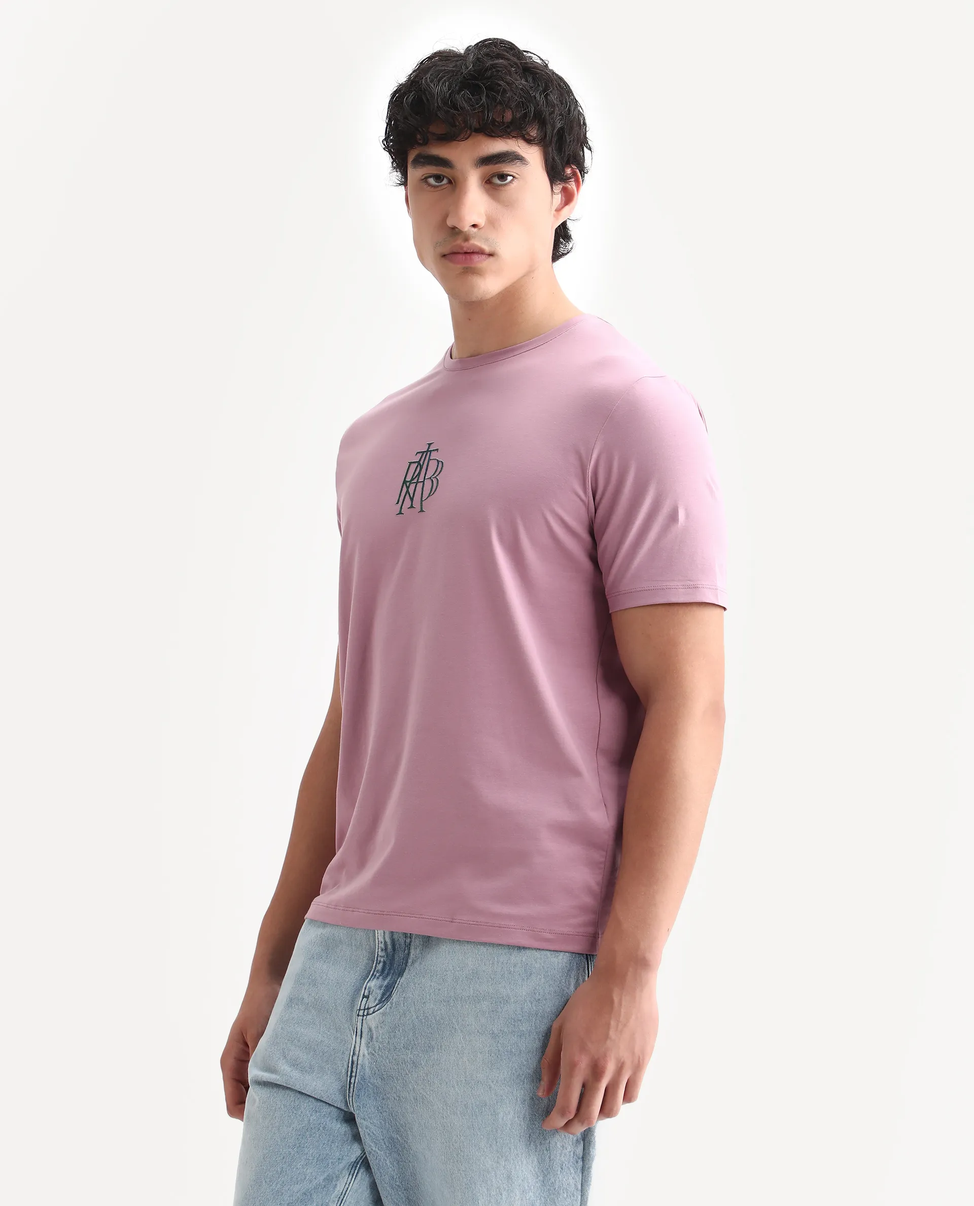 Rare Rabbit Men's Waro Dusky Pink Cotton Blend Graphic Print Regular Fit Half Sleeve Crew Neck T-Shirt - Image 4
