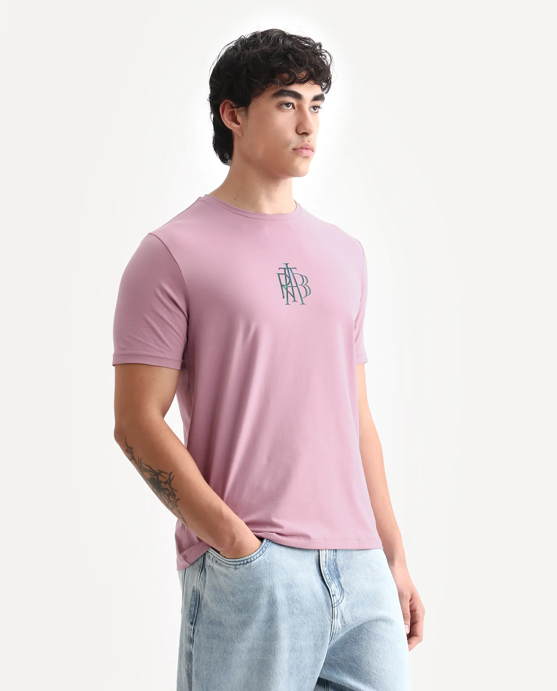 Rare Rabbit Men's Waro Dusky Pink Cotton Blend Graphic Print Regular Fit Half Sleeve Crew Neck T-Shirt - Image 5