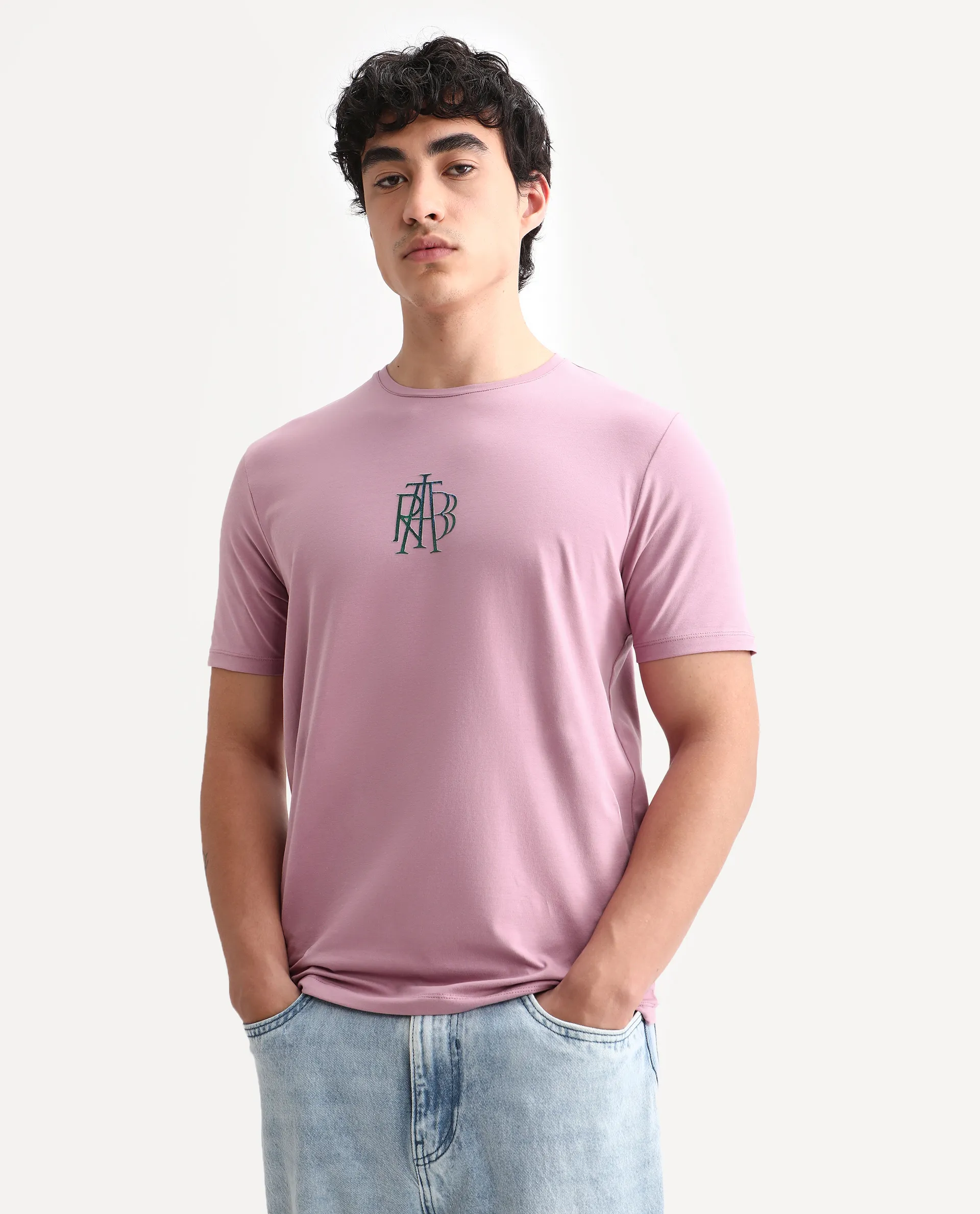 Rare Rabbit Men's Waro Dusky Pink Cotton Blend Graphic Print Regular Fit Half Sleeve Crew Neck T-Shirt - Image 6