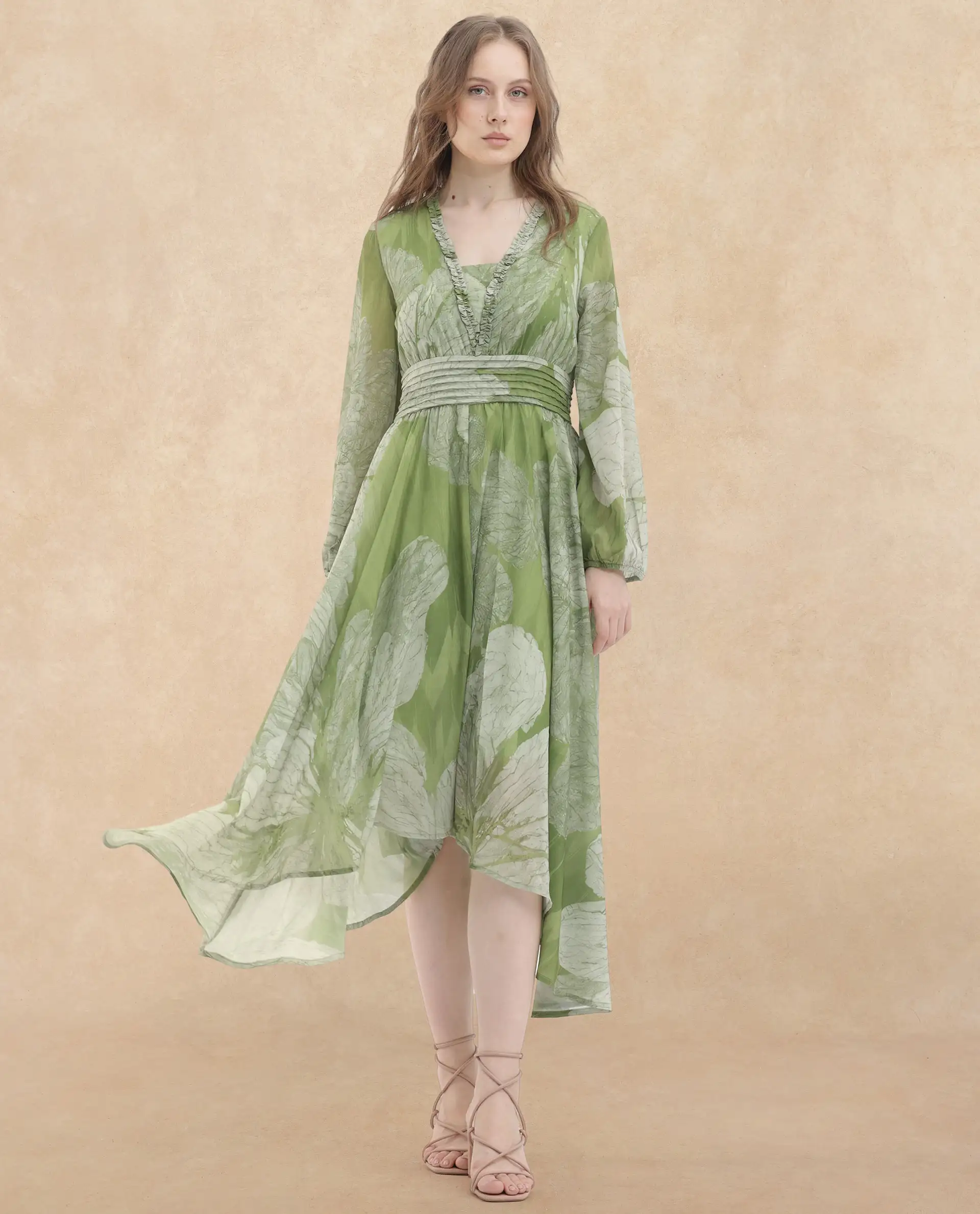 Rareism Women's Warrie Olive Cotton Blend V-Neck Abstract Print Bishop Sleeve Maxi Fit And Flare Dress