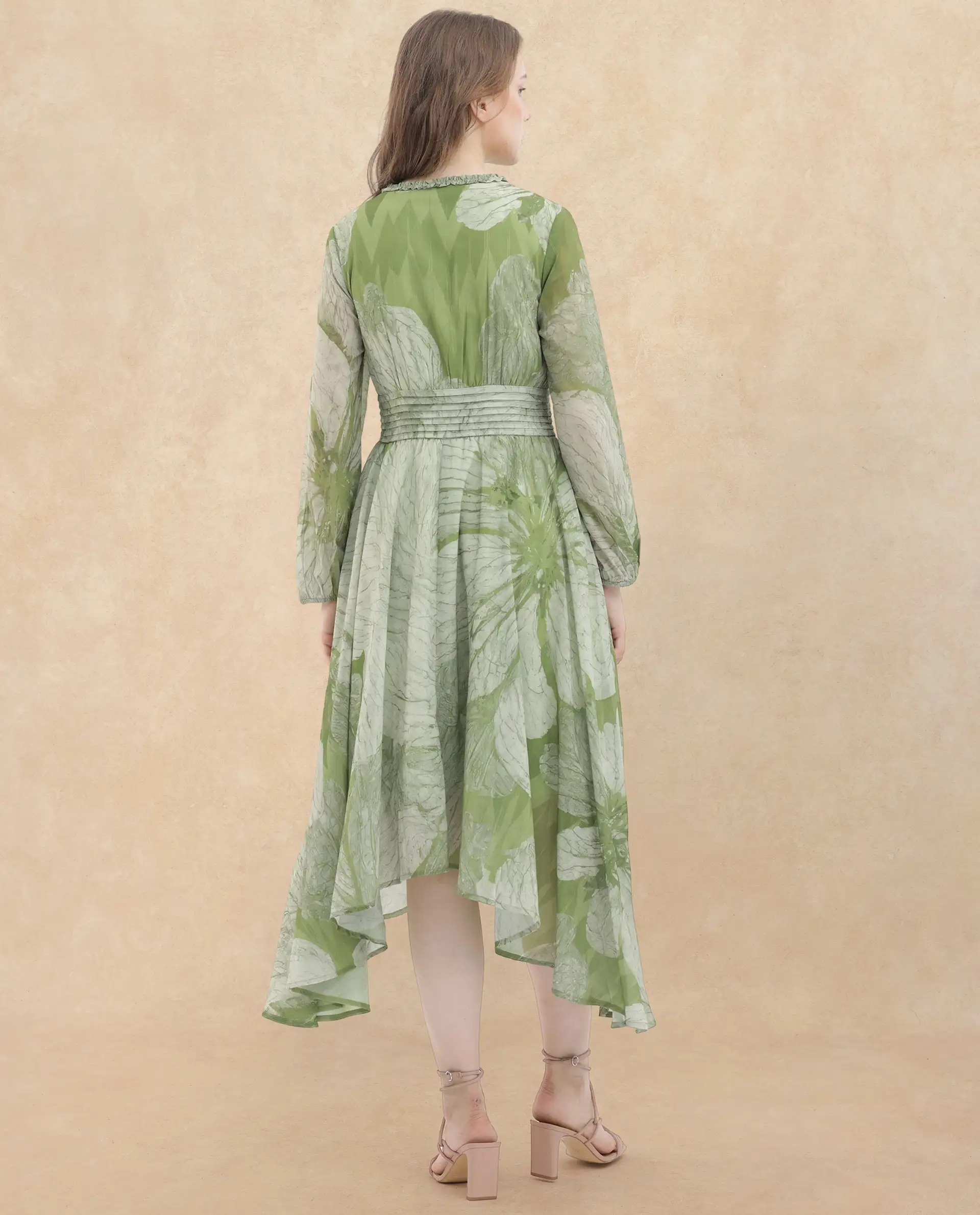 Rareism Women's Warrie Olive Cotton Blend V-Neck Abstract Print Bishop Sleeve Maxi Fit And Flare Dress - Image 10