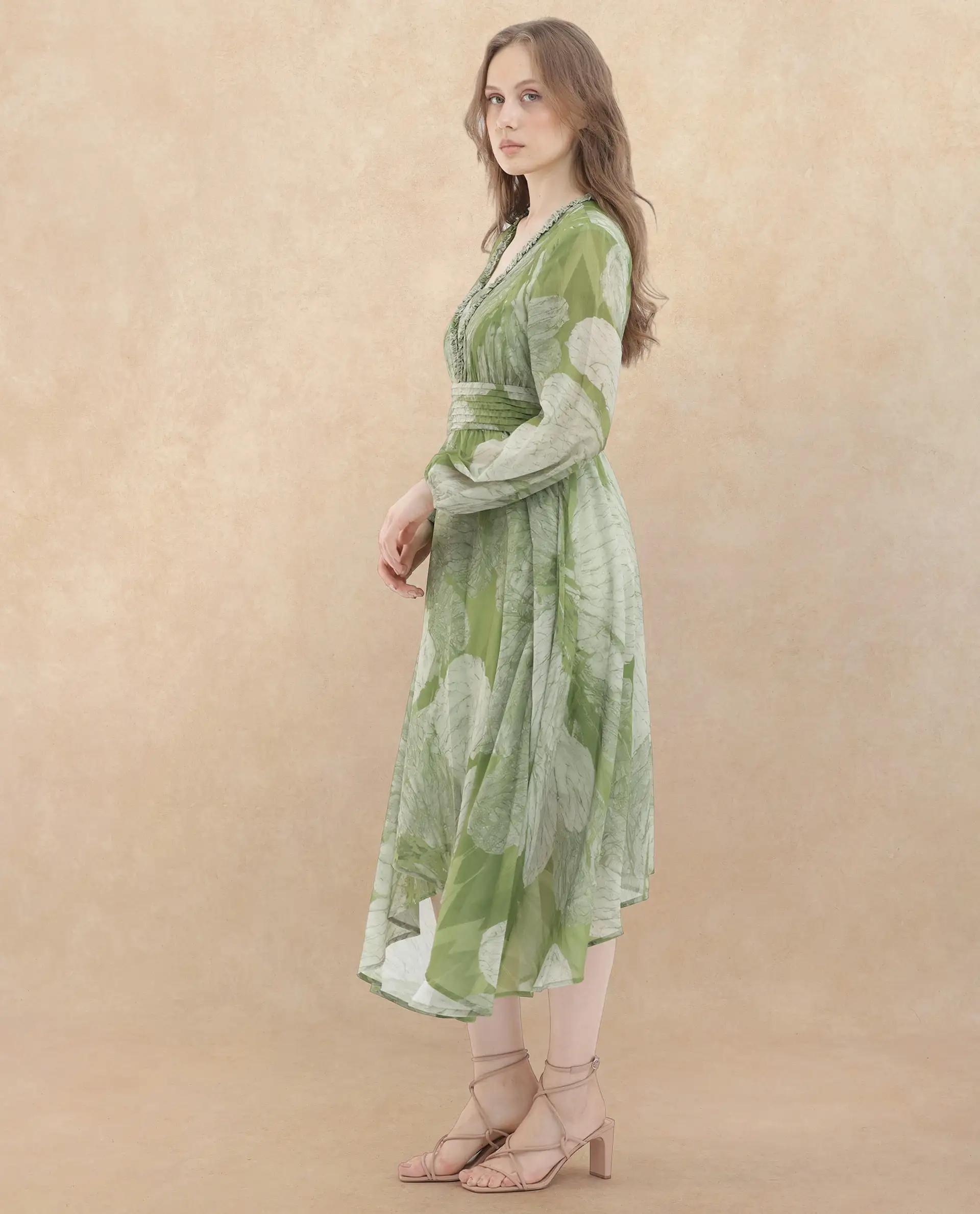 Rareism Women's Warrie Olive Cotton Blend V-Neck Abstract Print Bishop Sleeve Maxi Fit And Flare Dress - Image 5