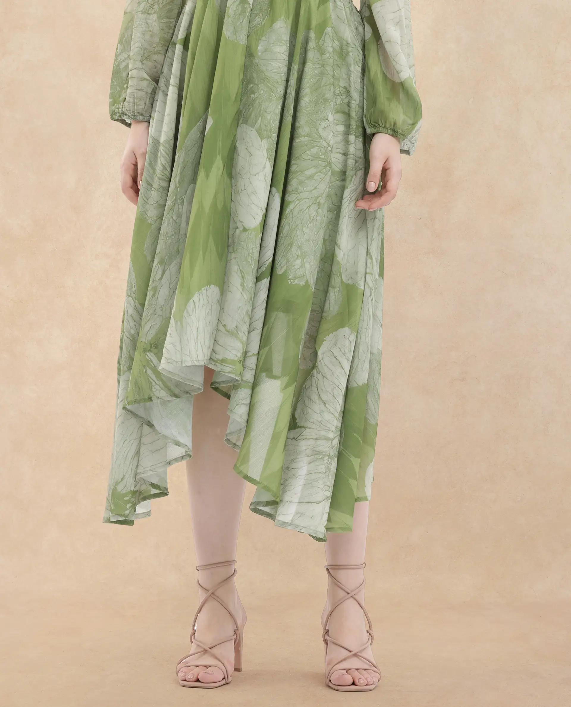Rareism Women's Warrie Olive Cotton Blend V-Neck Abstract Print Bishop Sleeve Maxi Fit And Flare Dress - Image 7