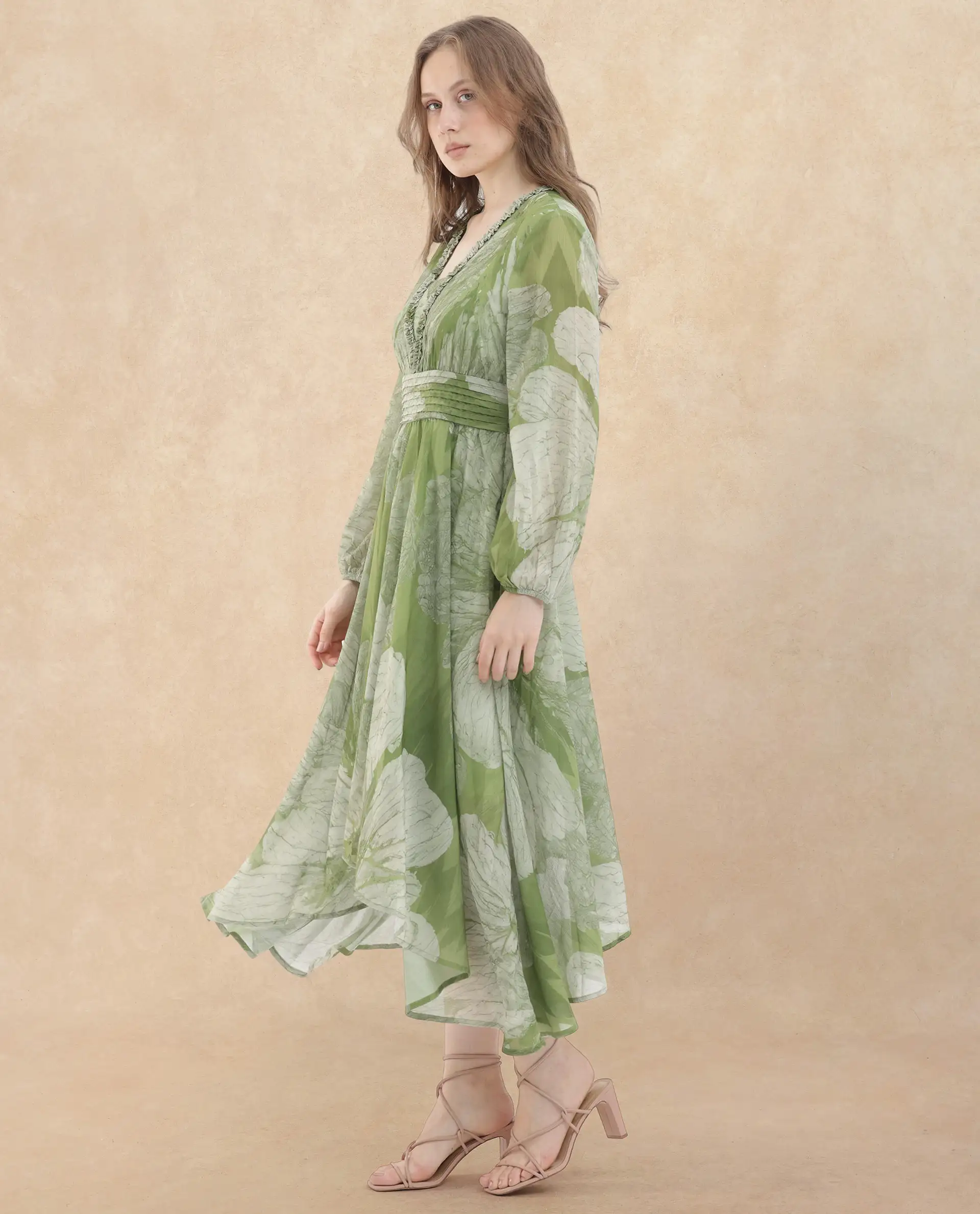 Rareism Women's Warrie Olive Cotton Blend V-Neck Abstract Print Bishop Sleeve Maxi Fit And Flare Dress - Image 8