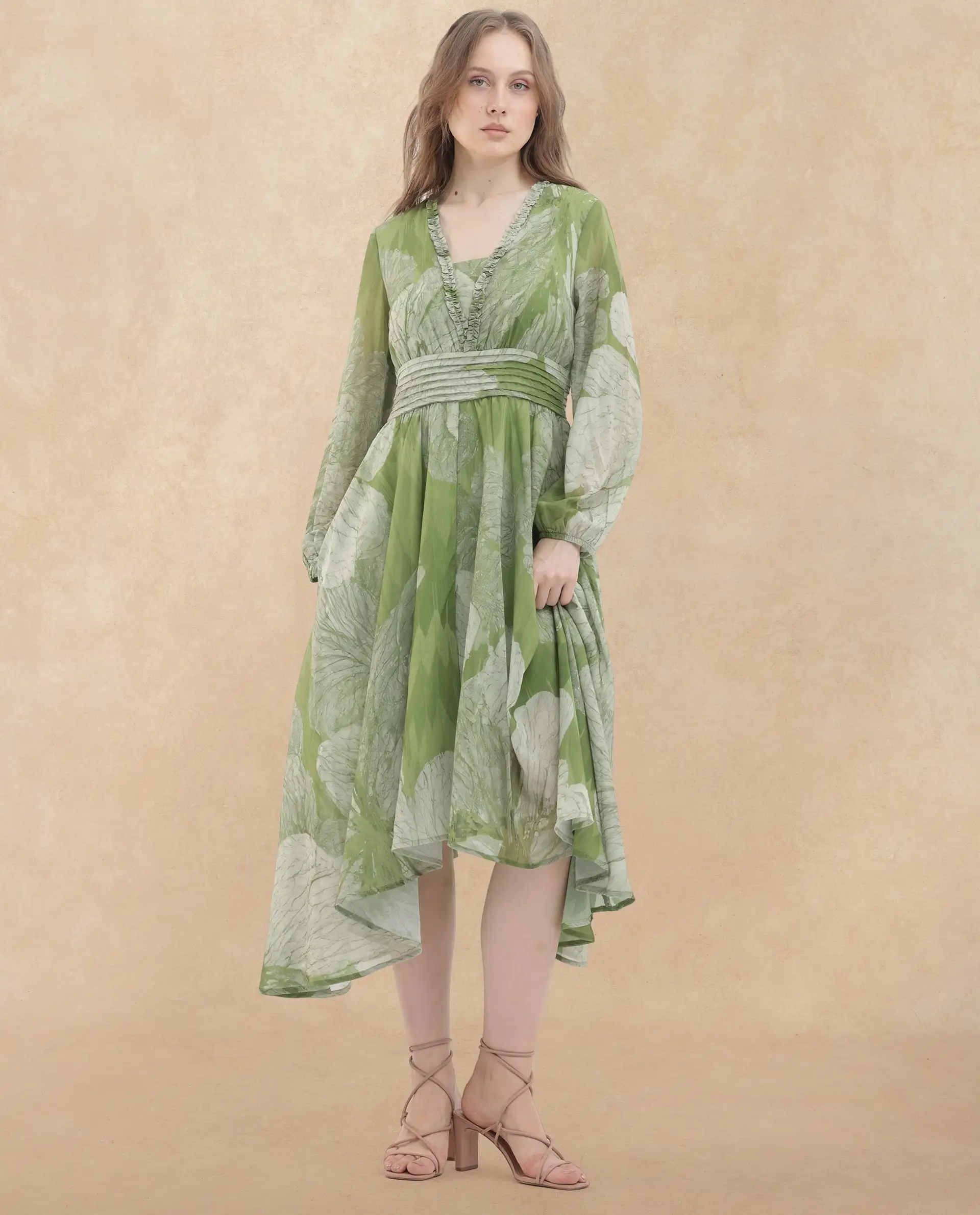 Rareism Women's Warrie Olive Cotton Blend V-Neck Abstract Print Bishop Sleeve Maxi Fit And Flare Dress - Image 9