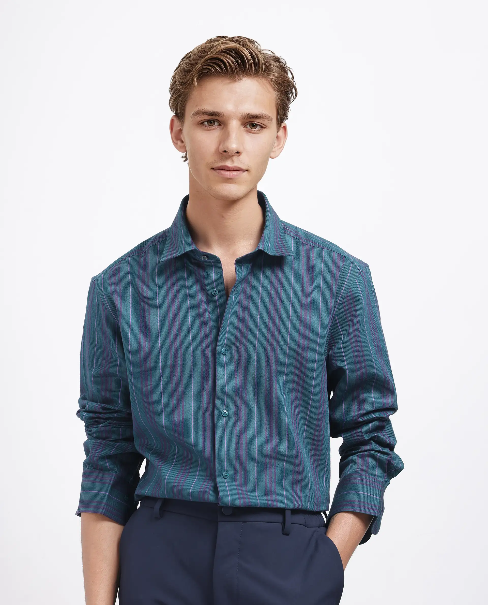 Rare Rabbit Men's Warsaw Dark Green Cotton Striped Print Regular Fit Full Sleeve Collared Shirt - Image 2