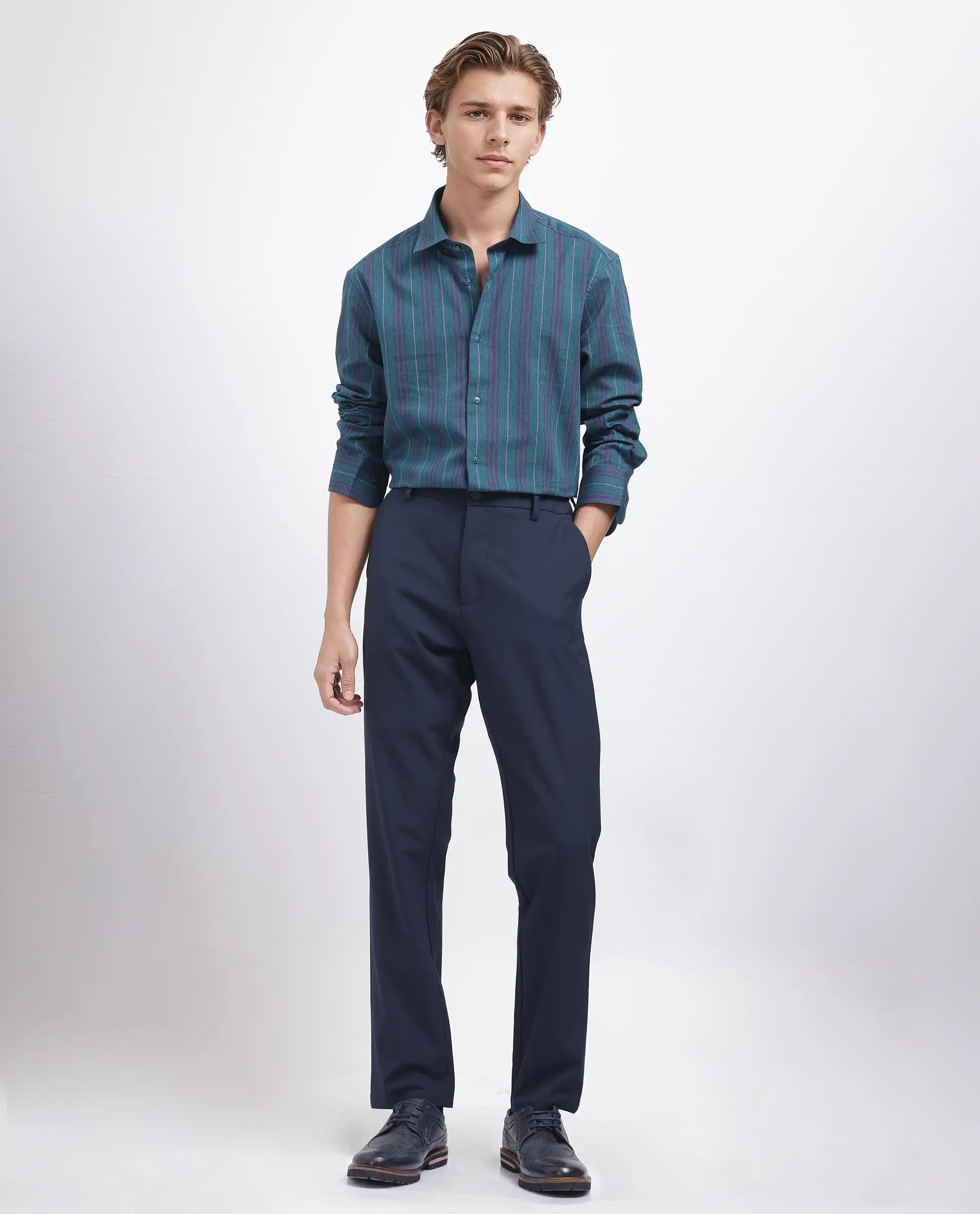 Rare Rabbit Men's Warsaw Dark Green Cotton Striped Print Regular Fit Full Sleeve Collared Shirt - Image 3