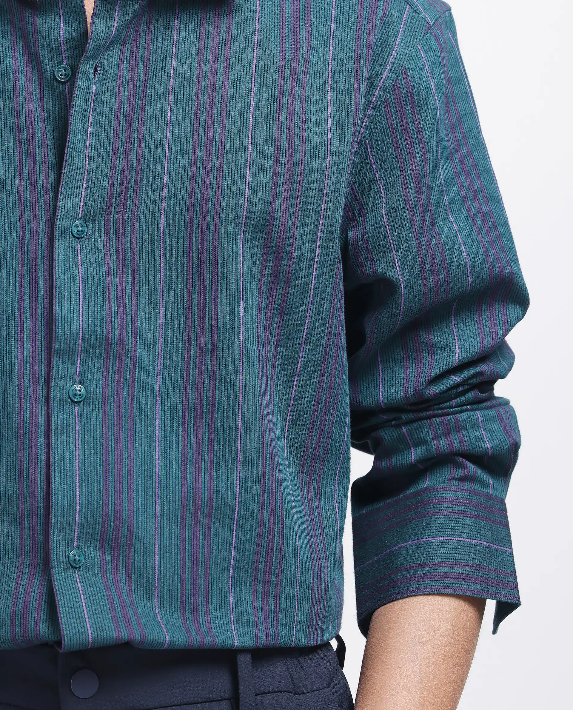 Rare Rabbit Men's Warsaw Dark Green Cotton Striped Print Regular Fit Full Sleeve Collared Shirt - Image 4