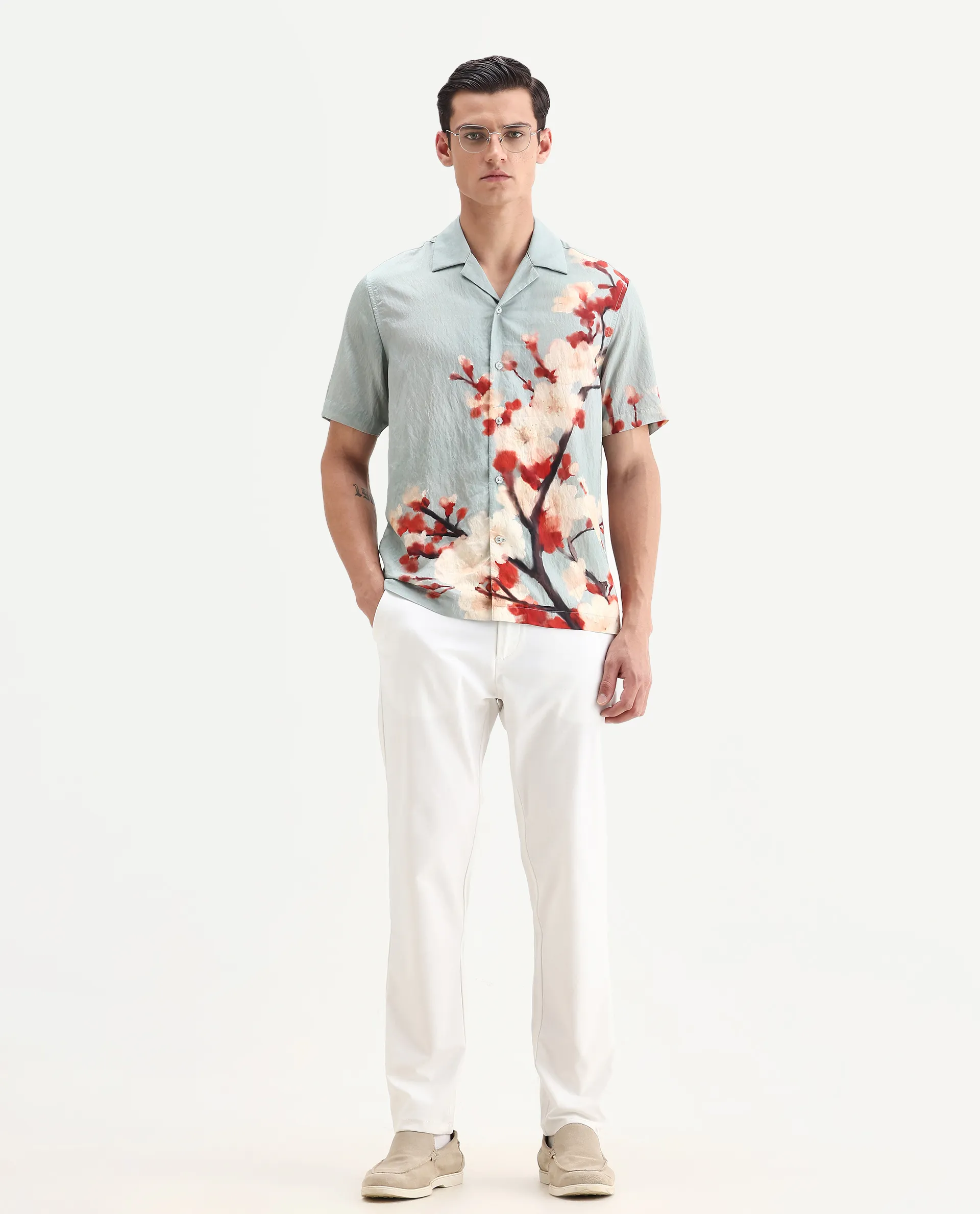 Rare Rabbit Men's Water Blue Viscose Blend Fabric Cuban Collar Relaxed Fit Floral Print Shirt - Image 2