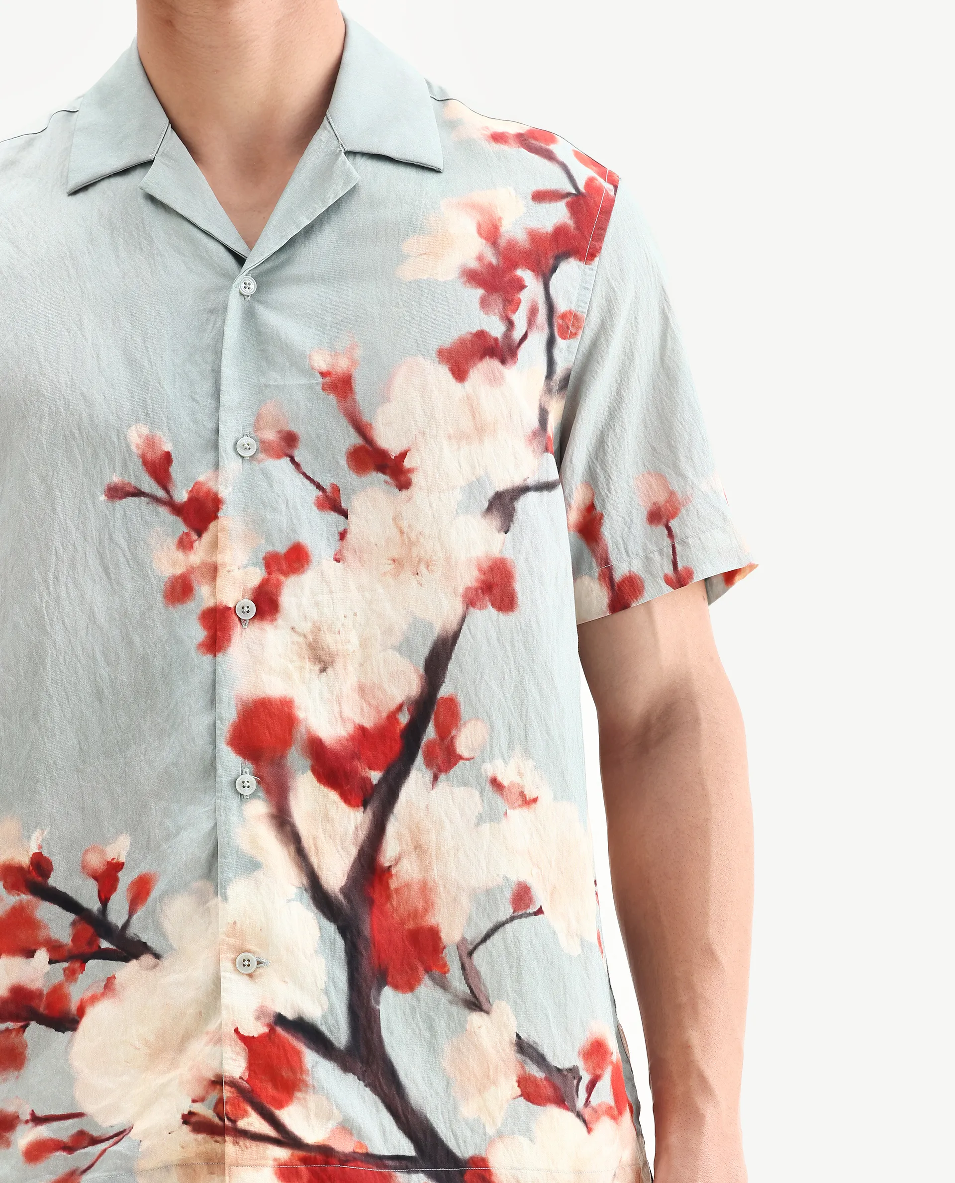 Rare Rabbit Men's Water Blue Viscose Blend Fabric Cuban Collar Relaxed Fit Floral Print Shirt - Image 3