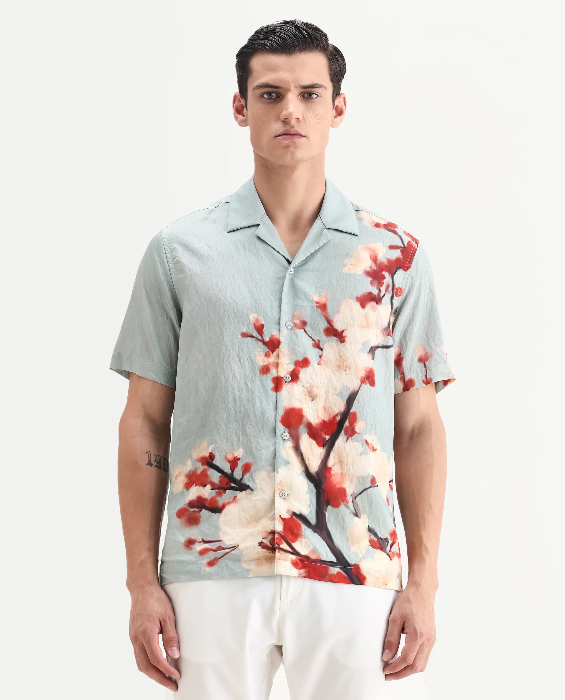 Rare Rabbit Men's Water Blue Viscose Blend Fabric Cuban Collar Relaxed Fit Floral Print Shirt - Image 4