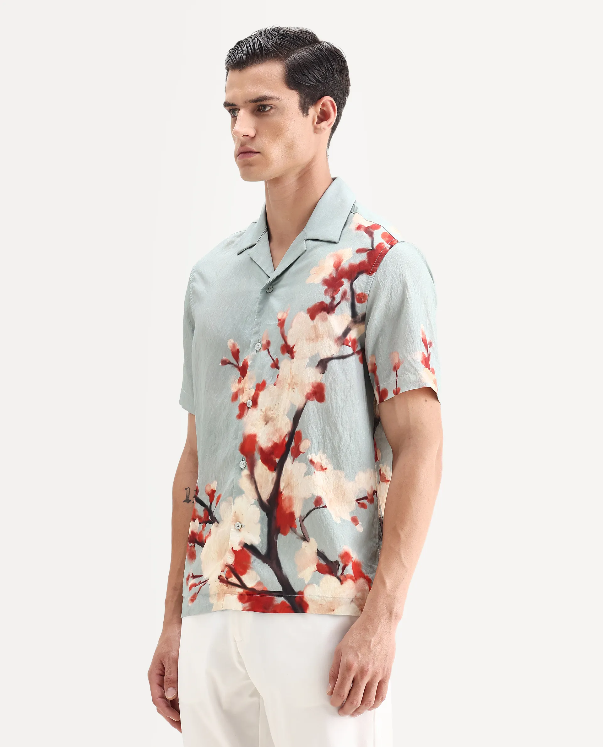 Rare Rabbit Men's Water Blue Viscose Blend Fabric Cuban Collar Relaxed Fit Floral Print Shirt - Image 5