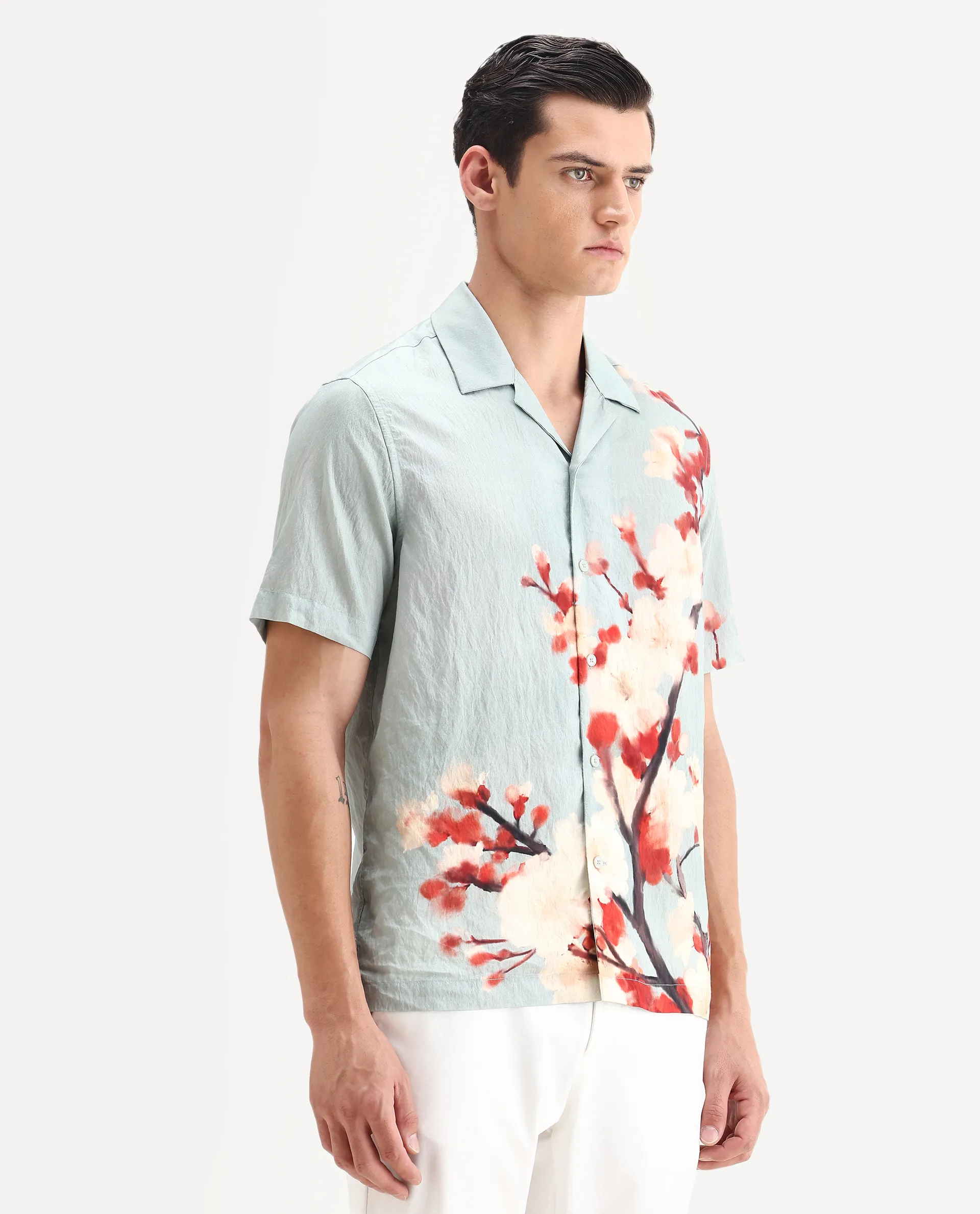 Rare Rabbit Men's Water Blue Viscose Blend Fabric Cuban Collar Relaxed Fit Floral Print Shirt - Image 6