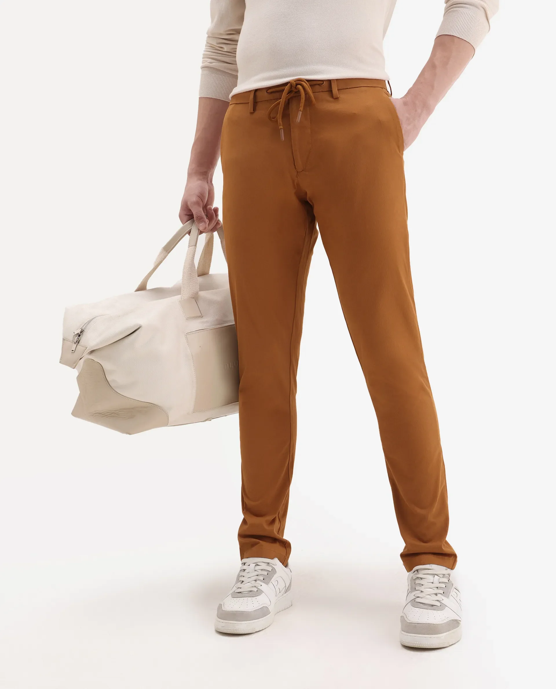 Rare Rabbit Men's Water Orange Cotton Plain Slim Fit Trouser - Image 2
