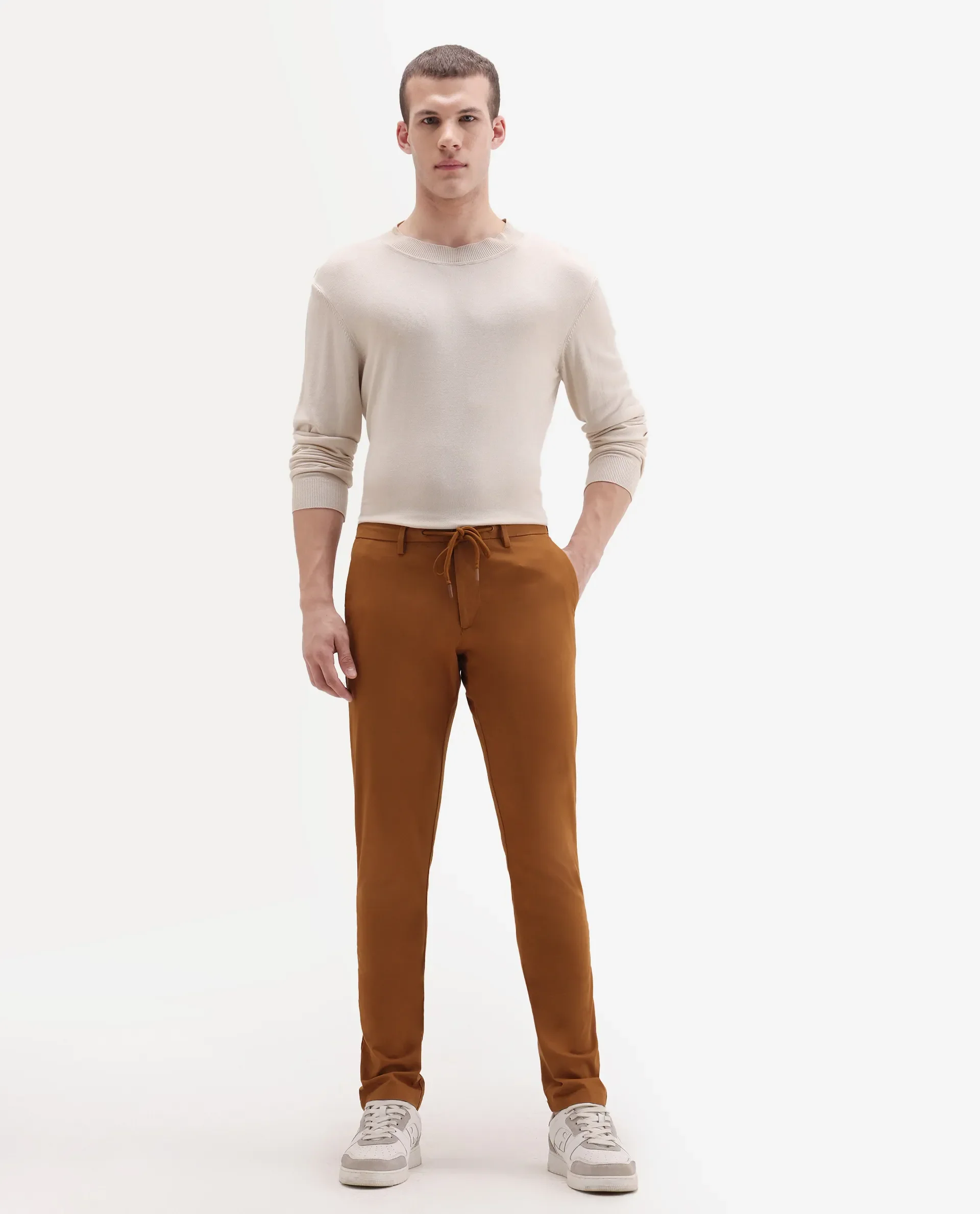 Rare Rabbit Men's Water Orange Cotton Plain Slim Fit Trouser - Image 6