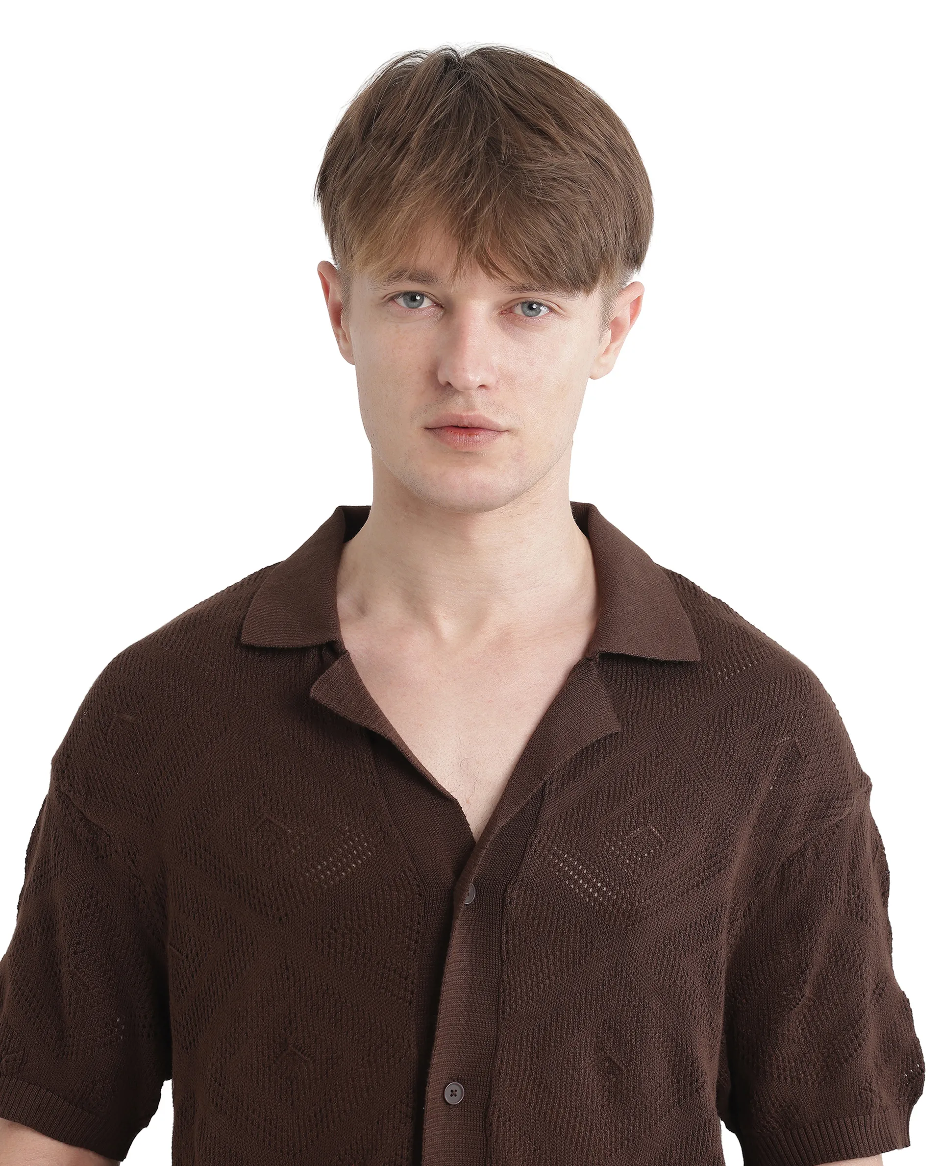 Rare Rabbit Men's Wats Brown Cotton Textured Boxy Fit Half Sleeve Cuban Collar Shirt - Image 3