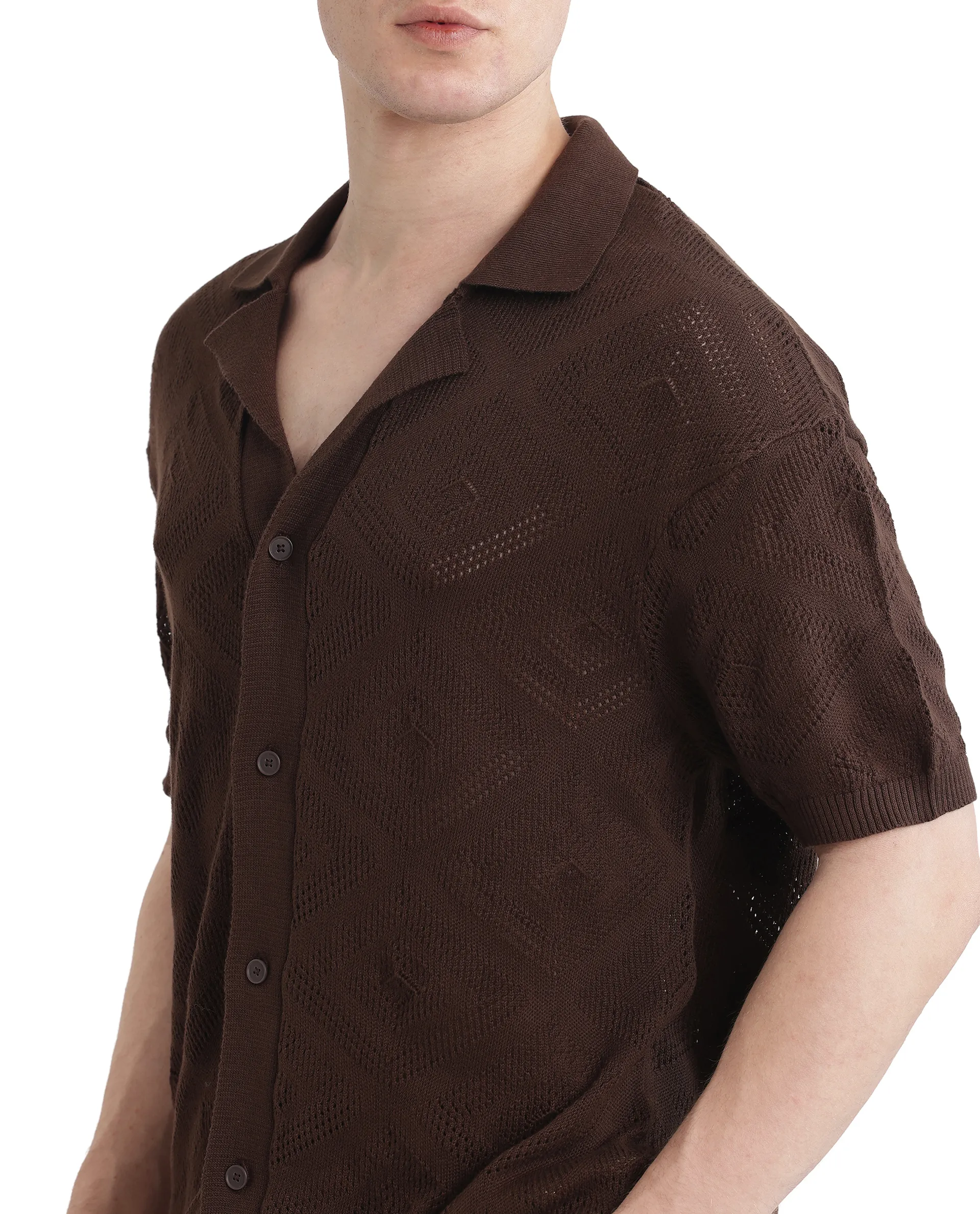 Rare Rabbit Men's Wats Brown Cotton Textured Boxy Fit Half Sleeve Cuban Collar Shirt - Image 4